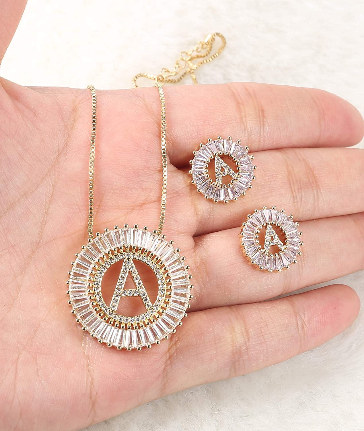Initial Pendant Necklace Stud Earrings Jewelry Set for Women CZ Earring Studs Charm Alphabet Letter Personalized Chain Necklace 14K Real Gold Plated