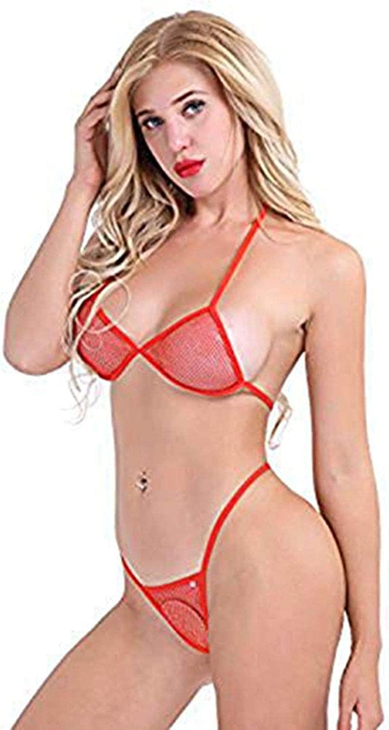 Inlzdz Women'S See-Through Fishnet Bikini Bra Top with G-String Extreme Swimwear Bathing Suit Red / Large