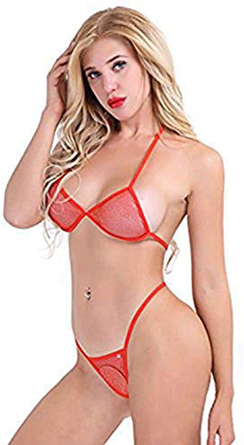 Inlzdz Women'S See-Through Fishnet Bikini Bra Top with G-String Extreme Swimwear Bathing Suit Red / Medium