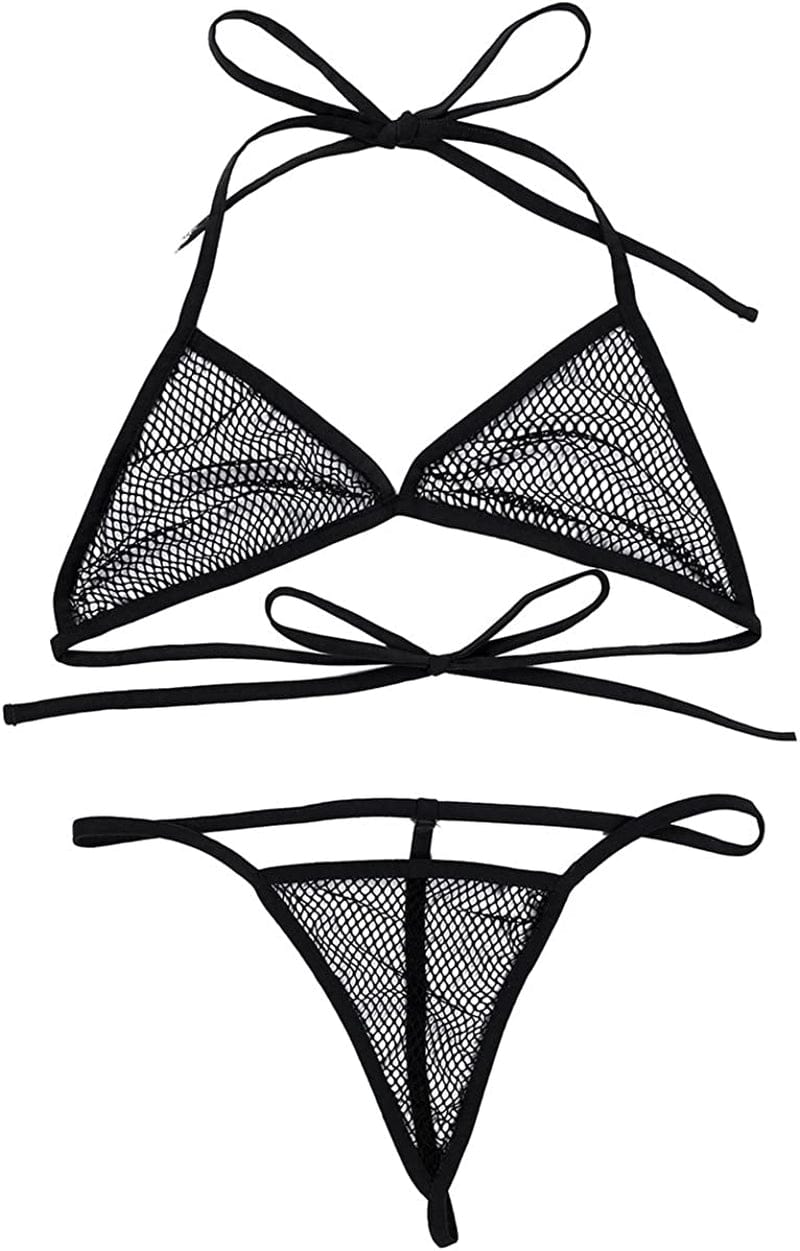 Inlzdz Women'S See-Through Fishnet Bikini Bra Top with G-String Extreme Swimwear Bathing Suit