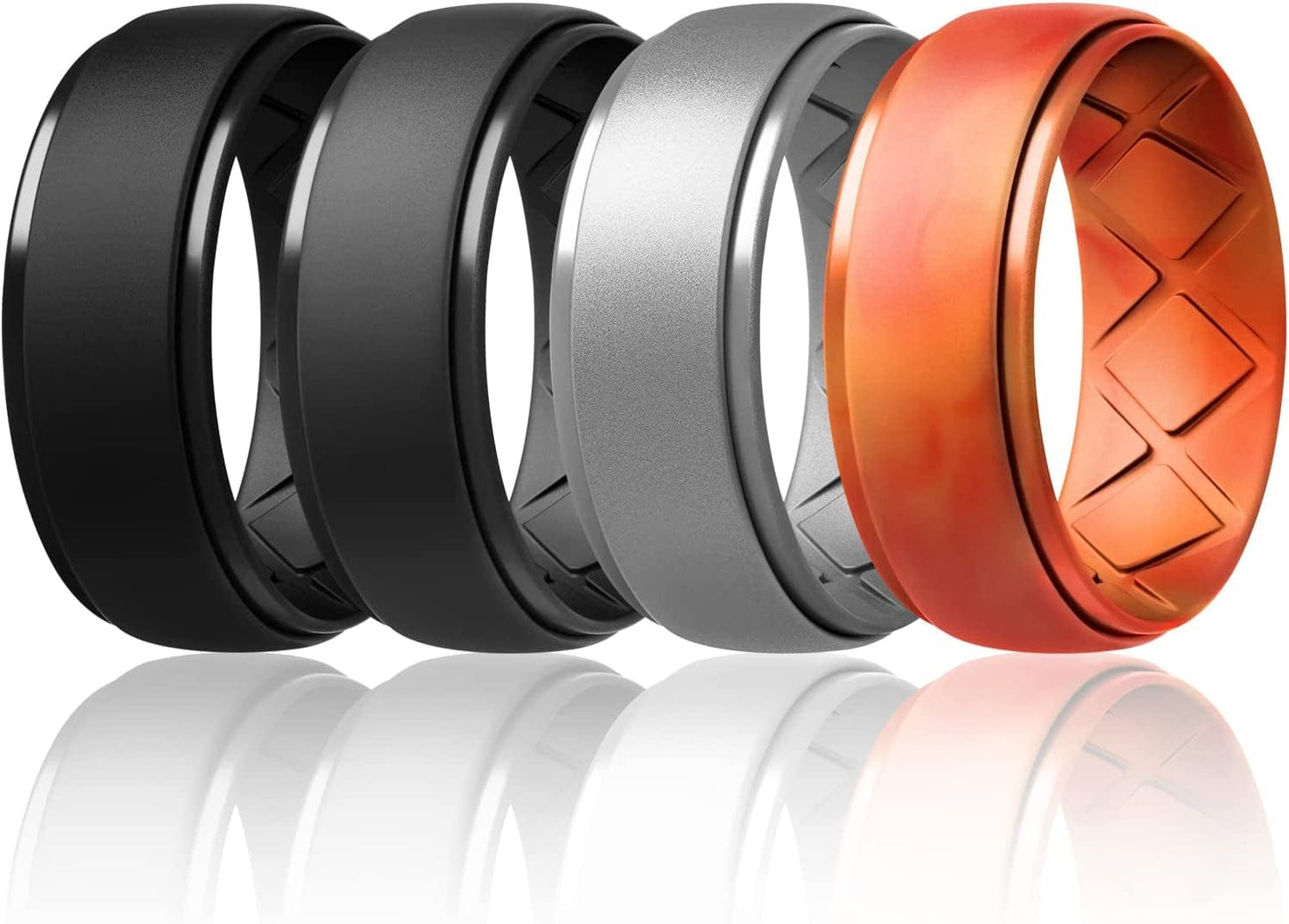 Inner Arc Ergonomic Breathable Design, Silicone Rings Mens with Half Sizes, 7 Rings / 4 Rings / 1 Ring Rubber Wedding Bands, 10Mm Wide-2.5Mm Thick… SETF-Black,Black Gray,Metallic Silver,Fire Camo / 10(19.8mm)