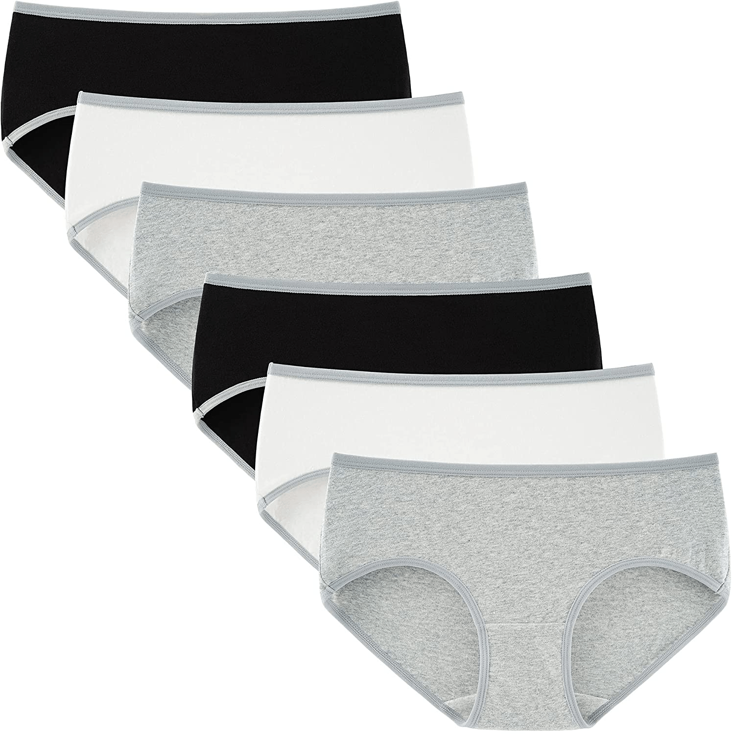 INNERSY Womens Underwear Cotton Hipster Panties Regular & plus Size 6-Pack Apparel & Accessories > Clothing > Underwear & Socks > Underwear INNERSY Black-white-grey With Grey Hem Small