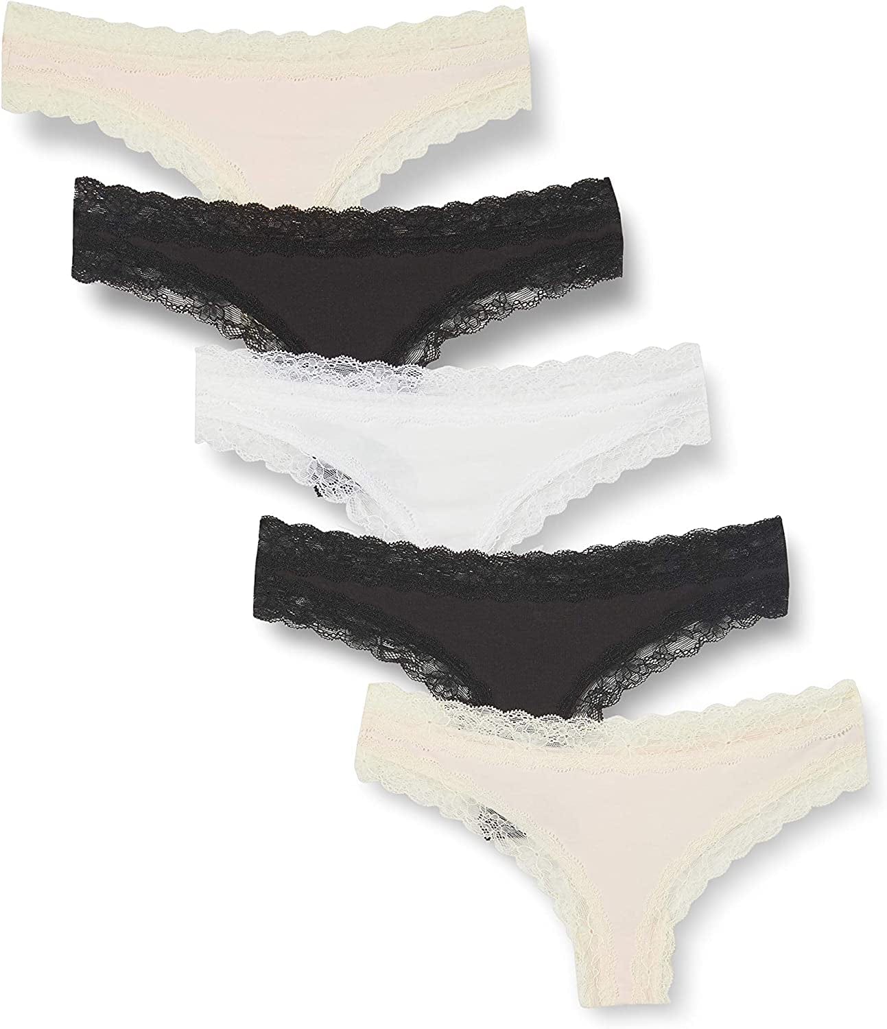 Iris & Lilly Women'S Cotton and Lace Thong Underwear, Pack of 5 Black/Pale Pink/White / X-Large