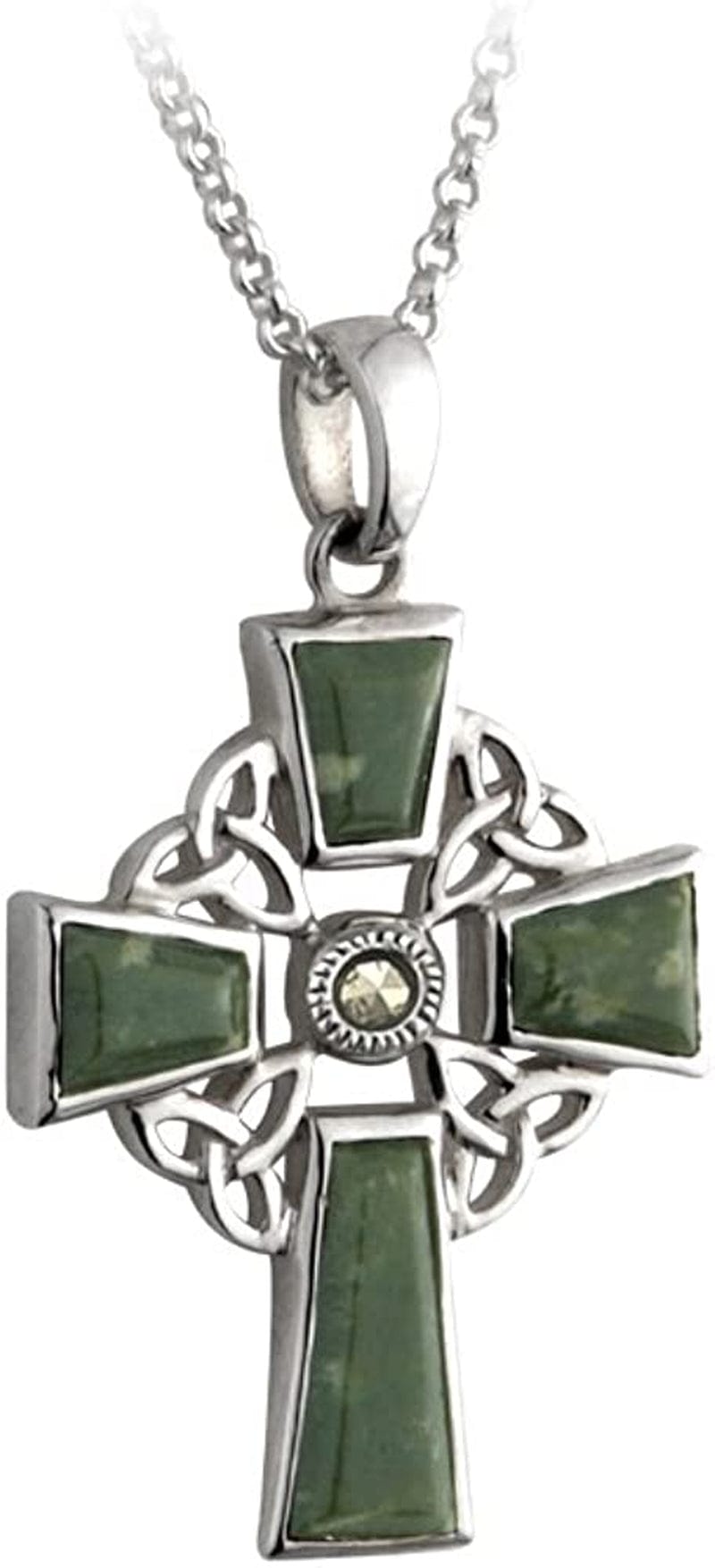Irish Celtic Cross Necklace with Connemara Marble, Trinity Knot Catholic 925 Sterling Silver Pendant, Fine Jewelry Imported Direct from Ireland for Men Women