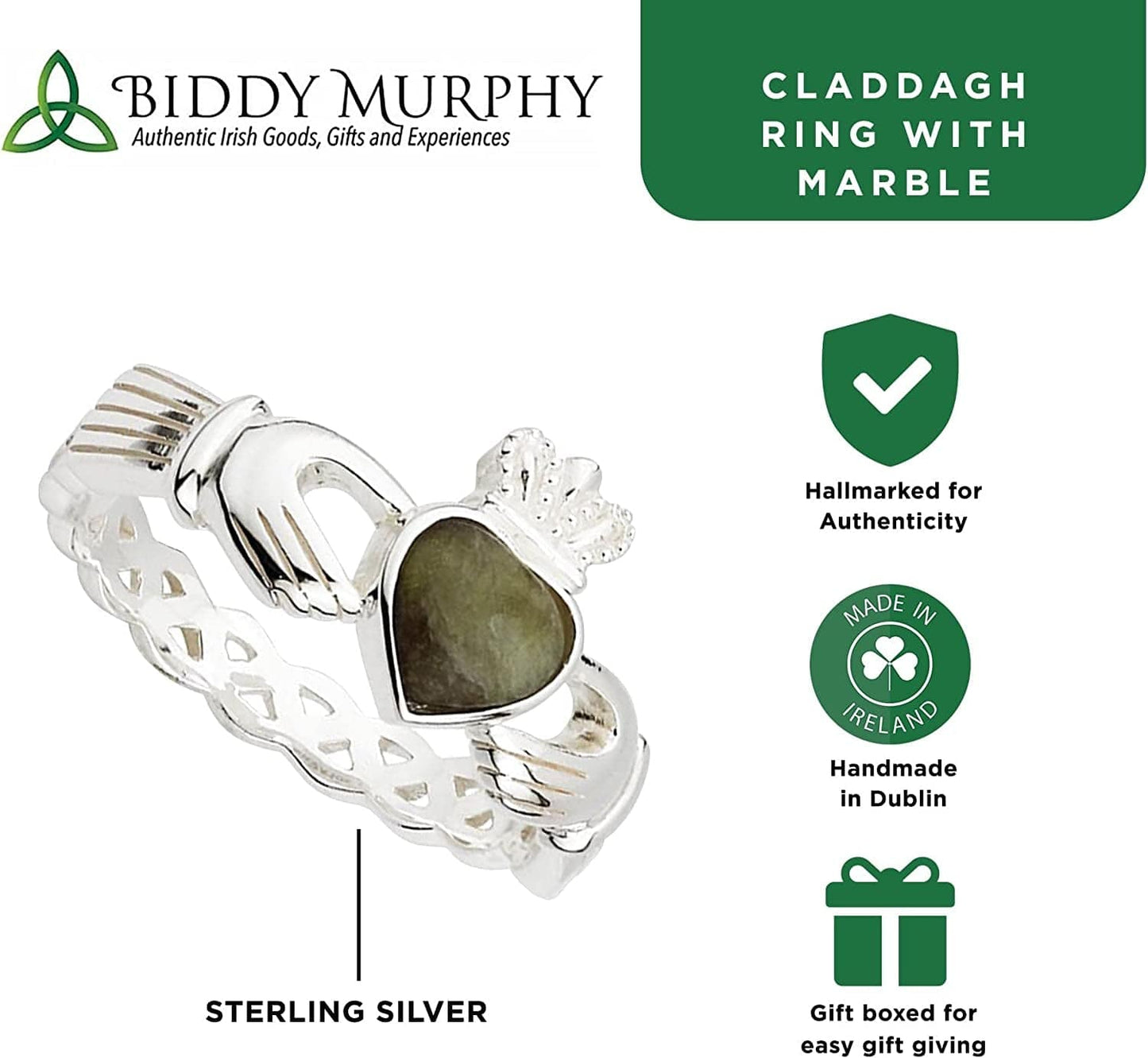 Irish Claddagh Ring for Women, Real 925 Sterling Silver Authentic Celtic Jewelry Made in Ireland with Connemara Marble Gemstone and Celtic Weave, Friendship, Promise, Love, Loyalty, Engagement, Marriage, Wedding