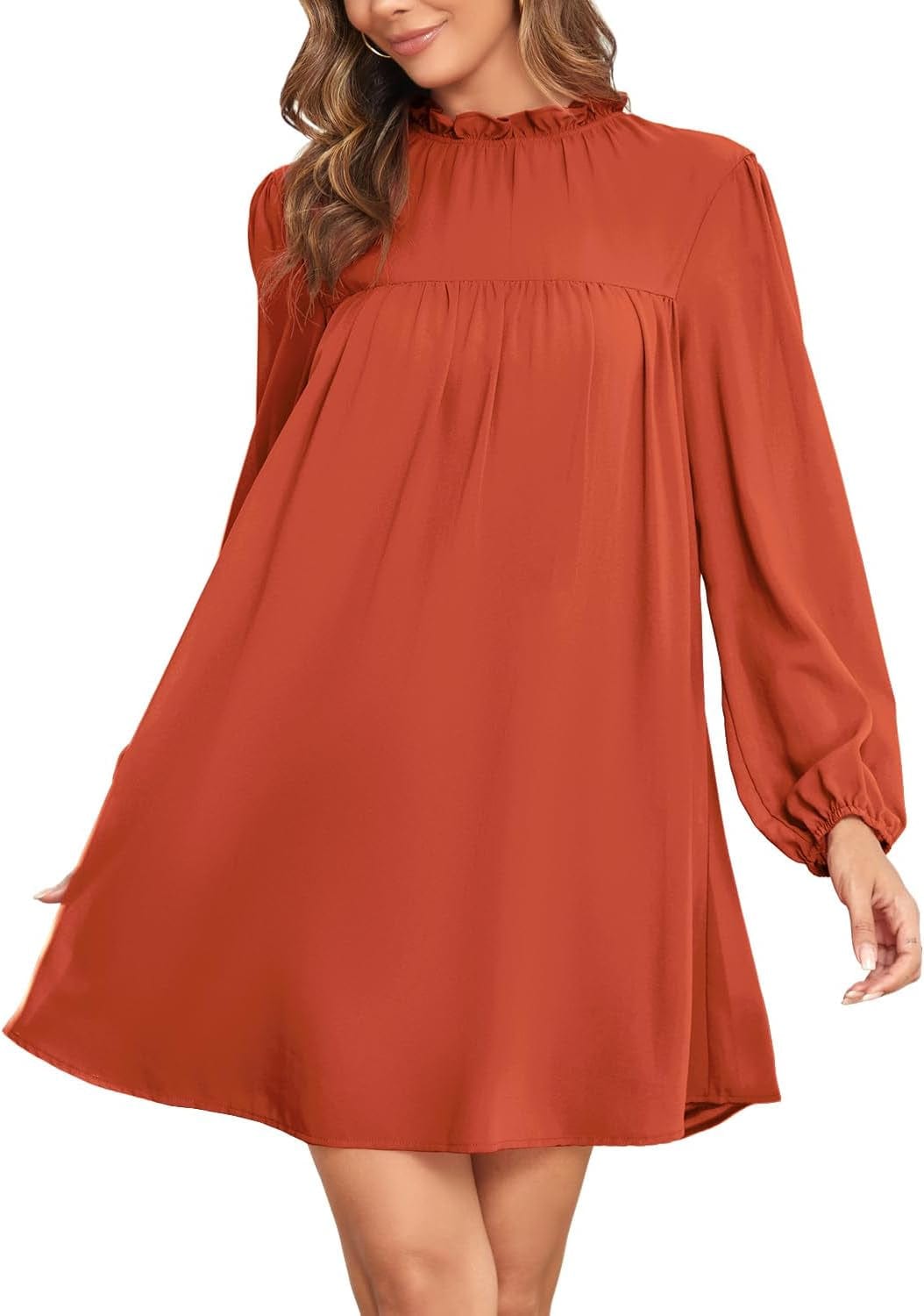ISIHIEI Women'S Frilled Mock Neck Long Sleeve Babydoll Dress Loose Flowy Pleated Casual Mini Swing Chiffon Tunic Dresses Caramel / Large