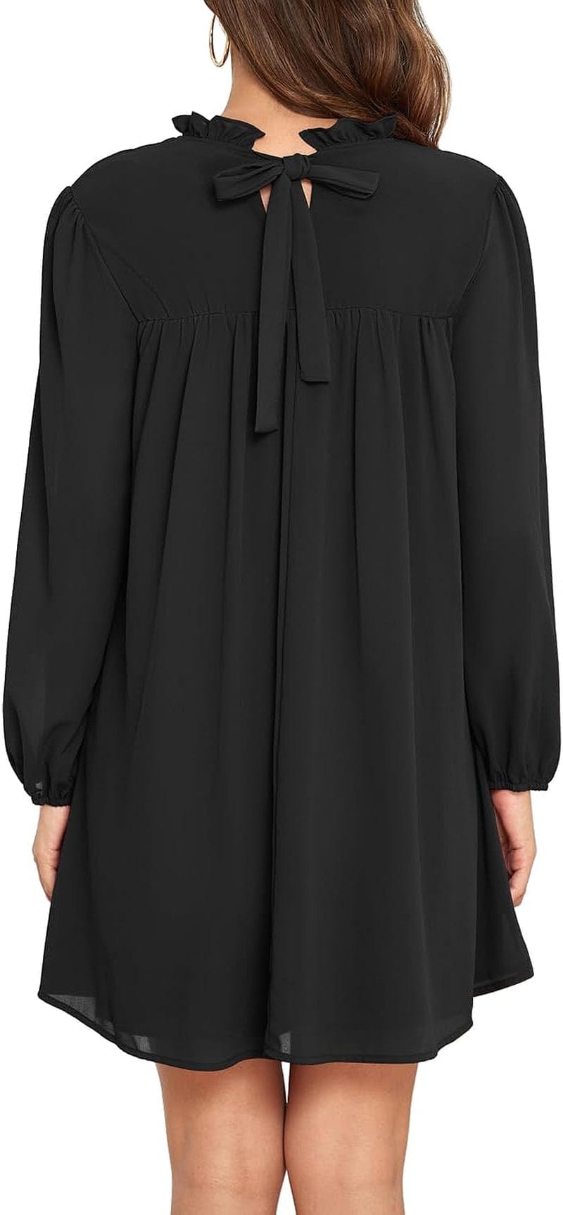 ISIHIEI Women'S Frilled Mock Neck Long Sleeve Babydoll Dress Loose Flowy Pleated Casual Mini Swing Chiffon Tunic Dresses