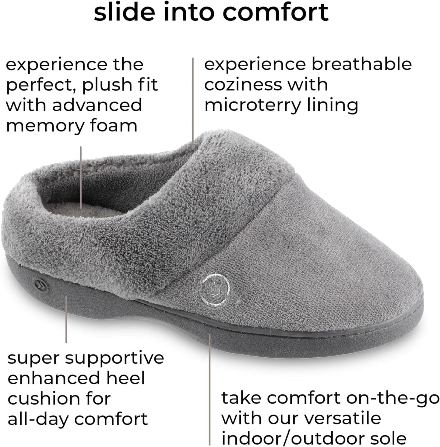 Isotoner Women’S Terry Clog Slippers: Arch Support, Anti-Slip Sole, Indoor/Outdoor, Plantar Fasciitis Relief, Fluffy Slippers, Comfortable Nursing Shoes, Non-Slip, Memory Foam