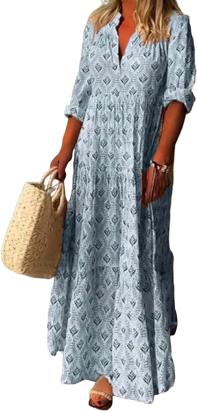 IVERIRMIN Women'S Boho Floral Print Long Sleeve Maxi Dress Casual V Neck Flowy Ruffle Fall Long Dresses Blue / Medium