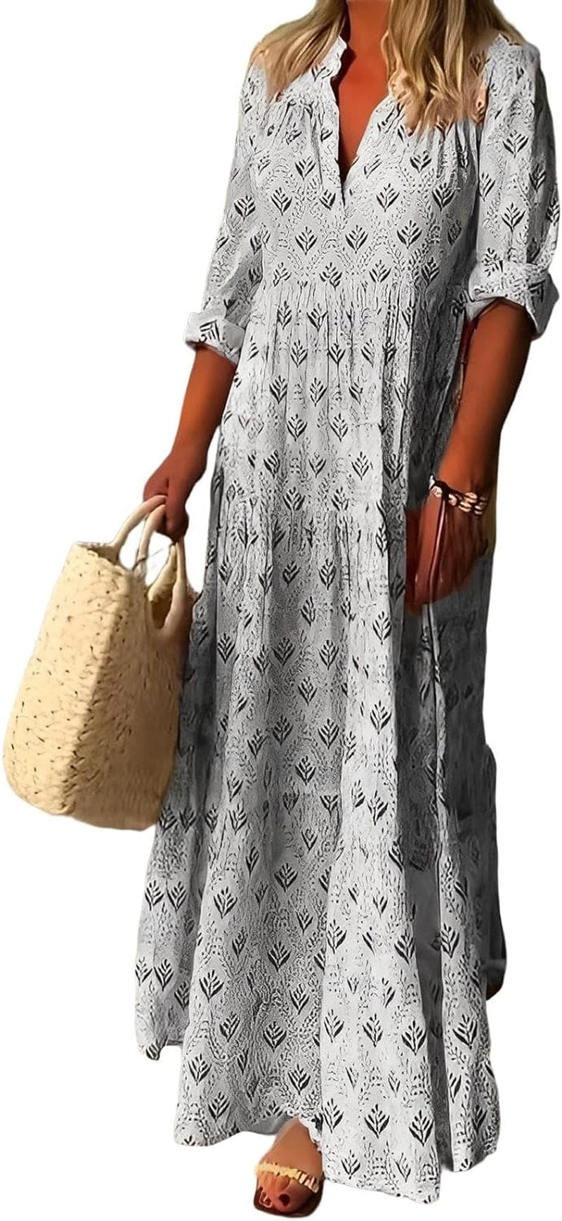 IVERIRMIN Women'S Boho Floral Print Long Sleeve Maxi Dress Casual V Neck Flowy Ruffle Fall Long Dresses Gray / Large