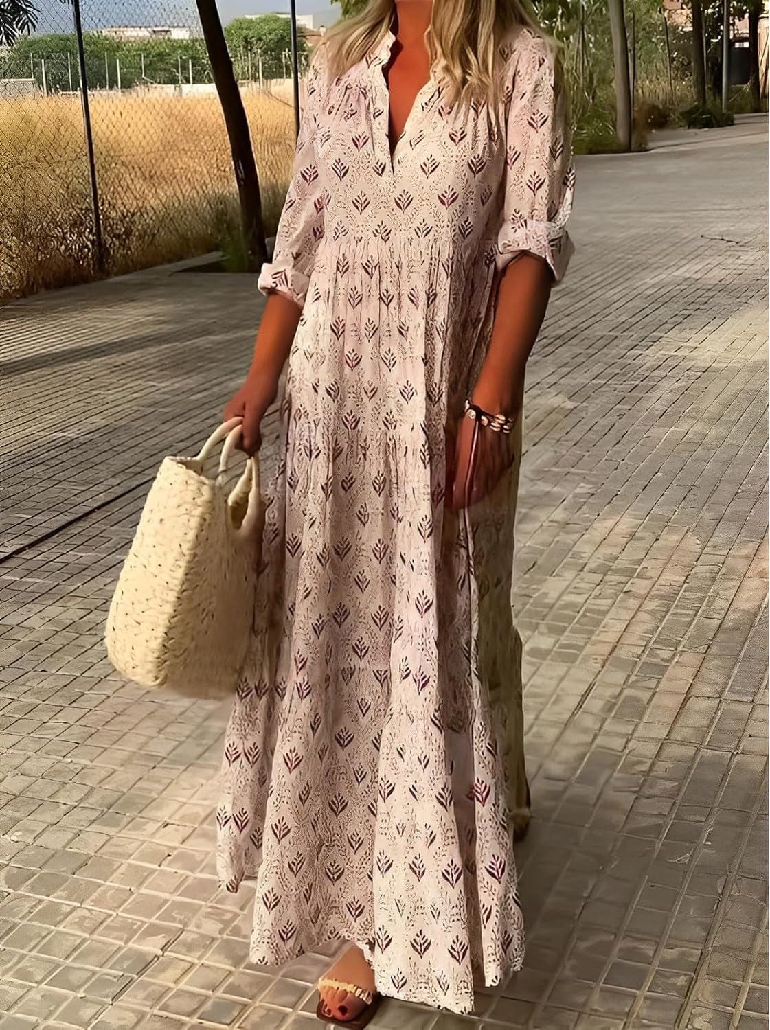 IVERIRMIN Women'S Boho Floral Print Long Sleeve Maxi Dress Casual V Neck Flowy Ruffle Fall Long Dresses