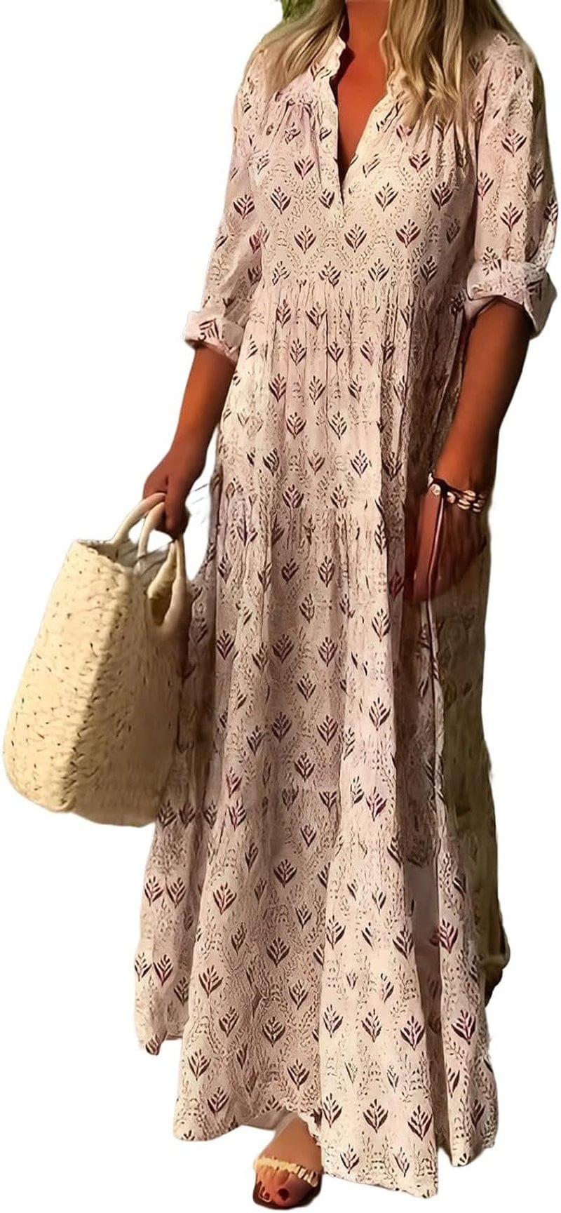 IVERIRMIN Women'S Boho Floral Print Long Sleeve Maxi Dress Casual V Neck Flowy Ruffle Fall Long Dresses