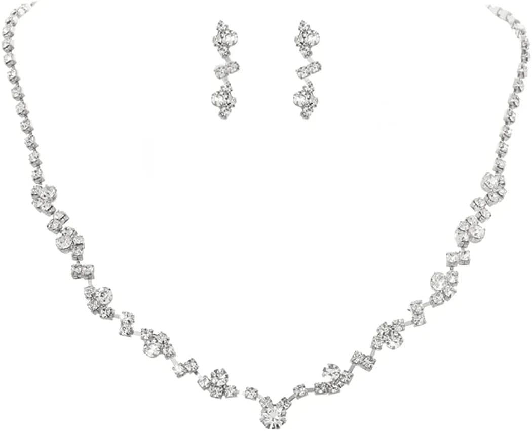 Jakawin Bride Silver Bridal Necklace Earrings Set Crystal Wedding Jewelry Set Rhinestone Choker Necklace for Women and Girls (Set of 3) NK143-1