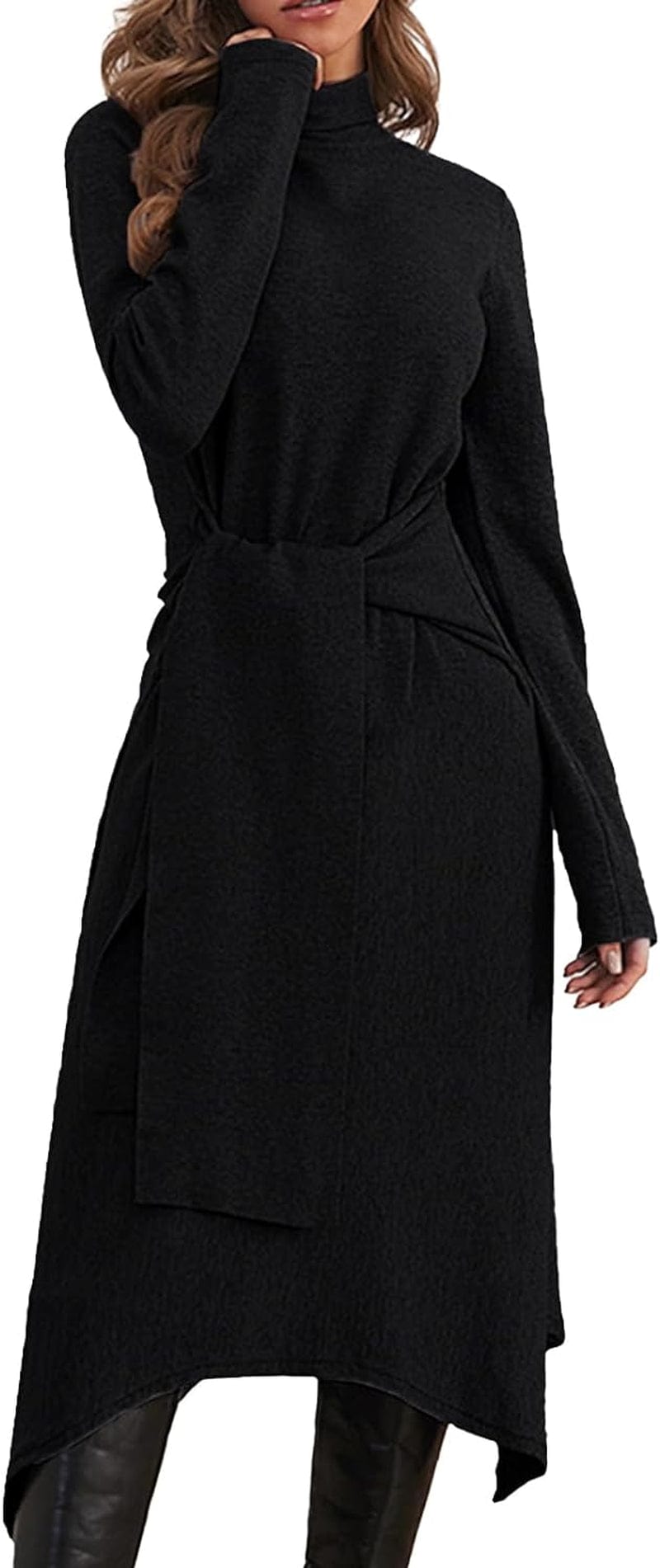 Jayscreate Women'S Fall Sweater Dress 2023 Long Sleeve Midi Tie Front A-Line High Waist Winter Business Casual Dress Black / X-Large