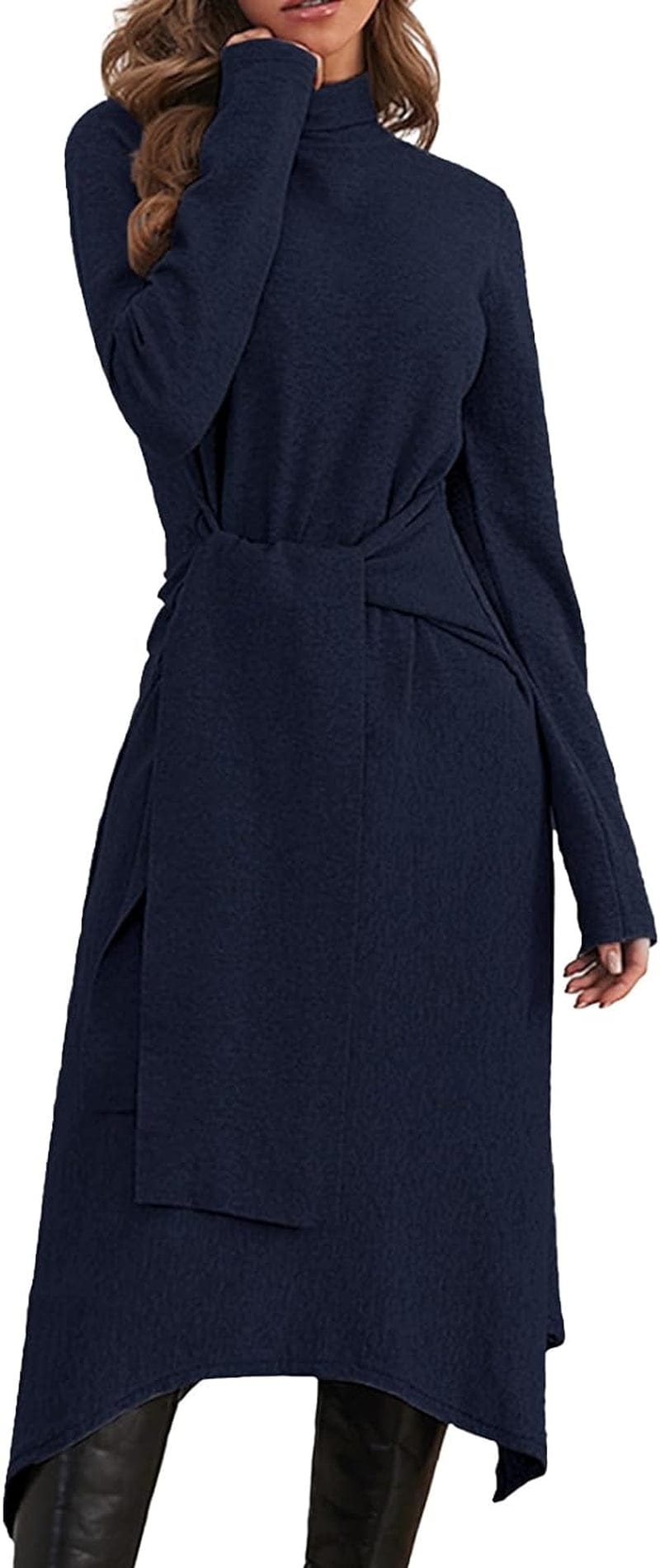 Jayscreate Women'S Fall Sweater Dress 2023 Long Sleeve Midi Tie Front A-Line High Waist Winter Business Casual Dress Blue / Small