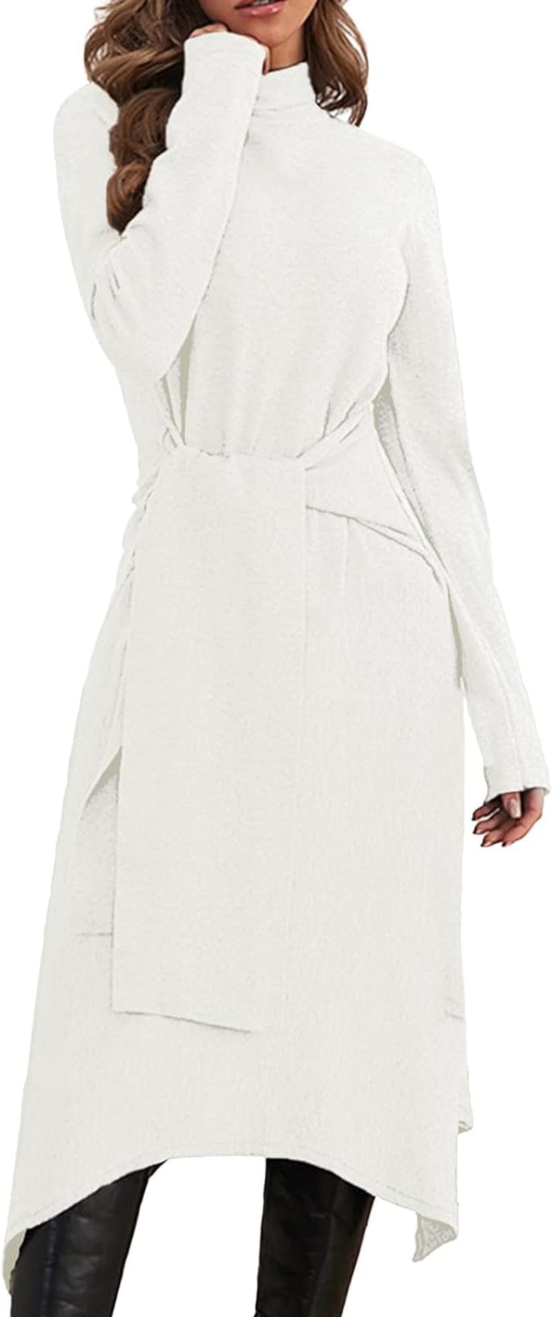 Jayscreate Women'S Fall Sweater Dress 2023 Long Sleeve Midi Tie Front A-Line High Waist Winter Business Casual Dress White / X-Large