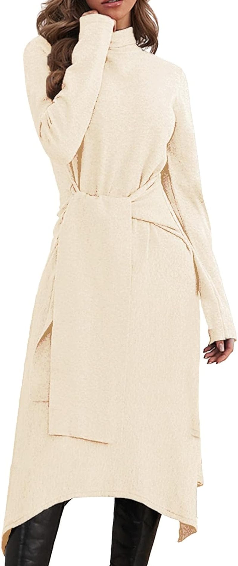 Jayscreate Women'S Fall Sweater Dress 2023 Long Sleeve Midi Tie Front A-Line High Waist Winter Business Casual Dress Apricot / Large