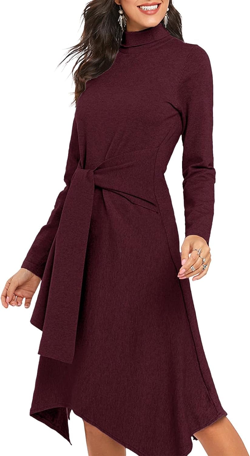 Jayscreate Women'S Fall Sweater Dress 2023 Long Sleeve Midi Tie Front A-Line High Waist Winter Business Casual Dress