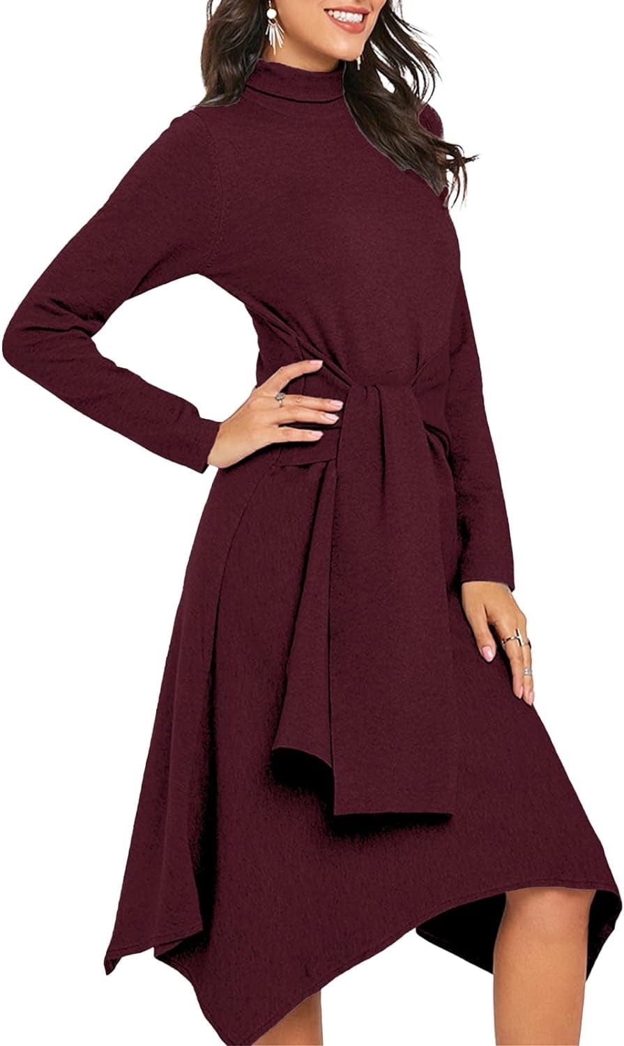 Jayscreate Women'S Fall Sweater Dress 2023 Long Sleeve Midi Tie Front A-Line High Waist Winter Business Casual Dress