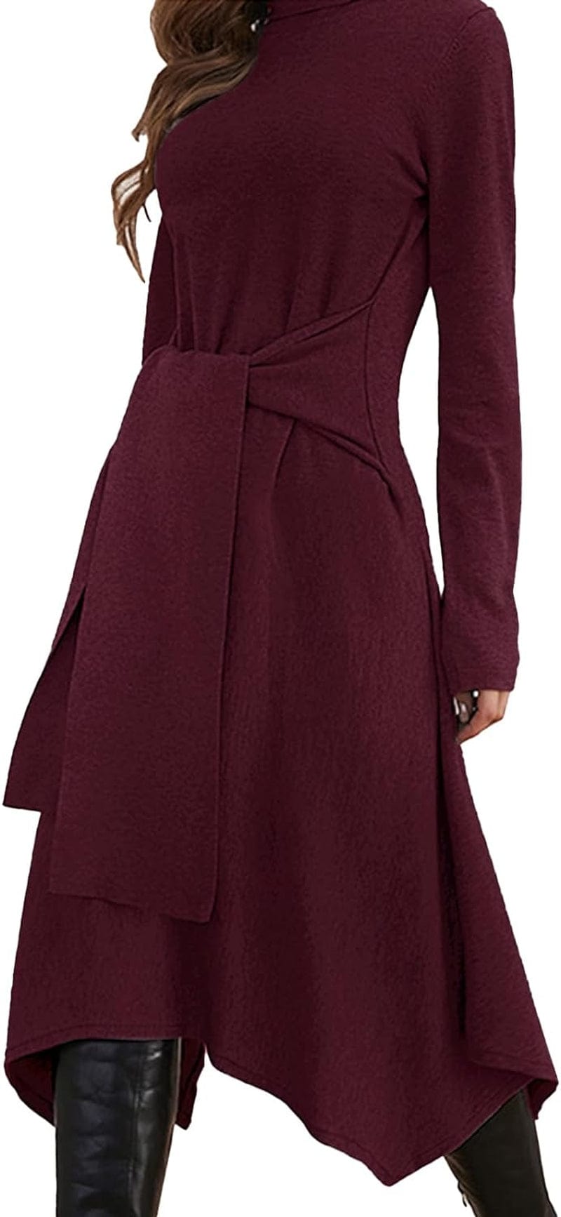 Jayscreate Women'S Fall Sweater Dress 2023 Long Sleeve Midi Tie Front A-Line High Waist Winter Business Casual Dress