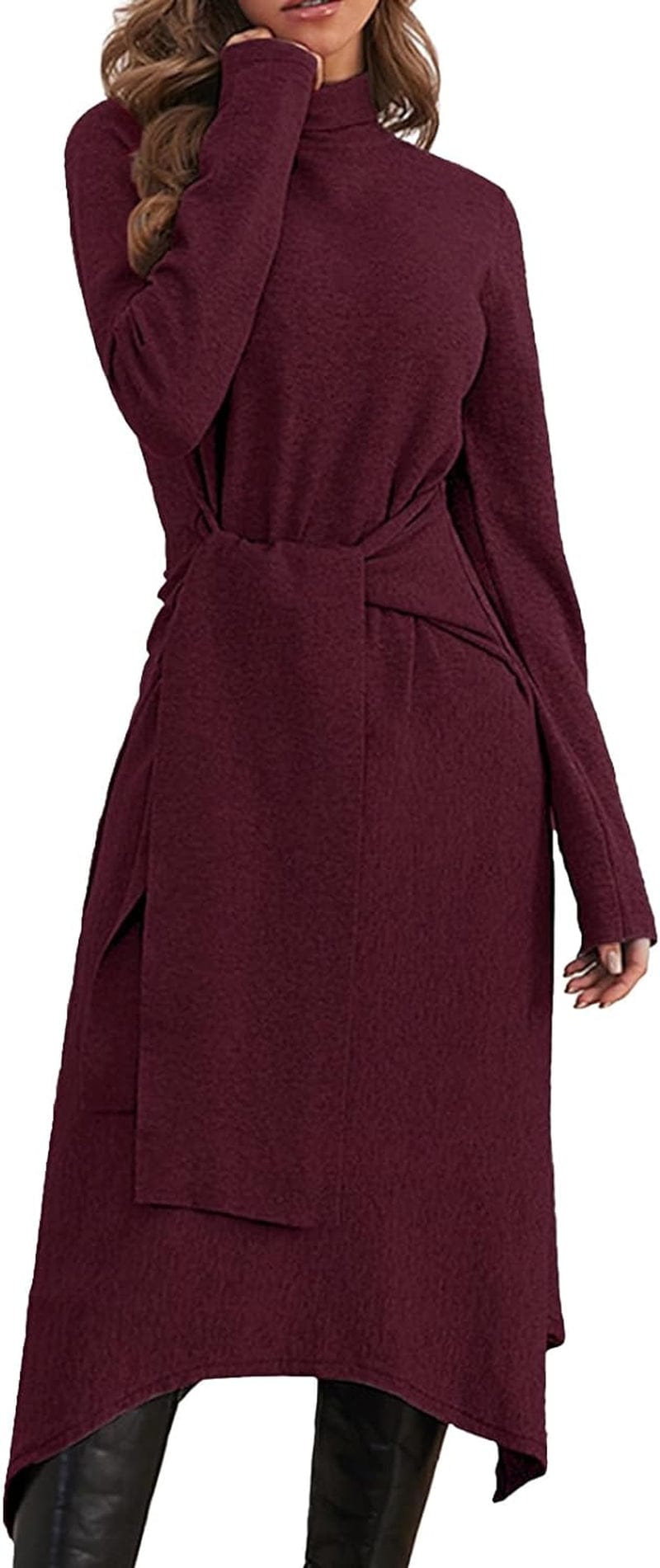 Jayscreate Women'S Fall Sweater Dress 2023 Long Sleeve Midi Tie Front A-Line High Waist Winter Business Casual Dress