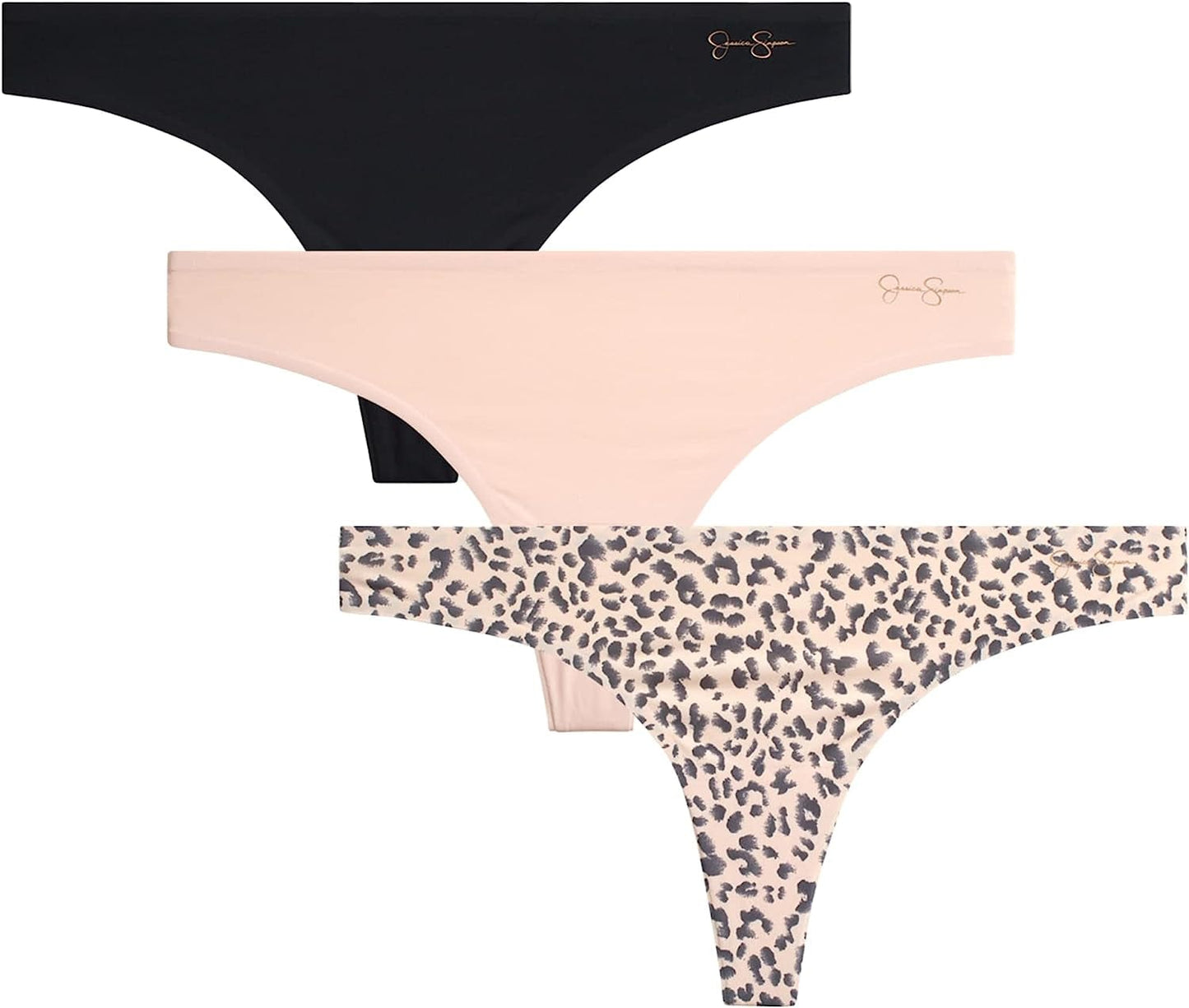 Jessica Simpson Women'S Underwear - 3 Pack Microfiber Lace Thong Panties (S-XL) Animal Pearl Blush/Black/Pearl Blush / Medium