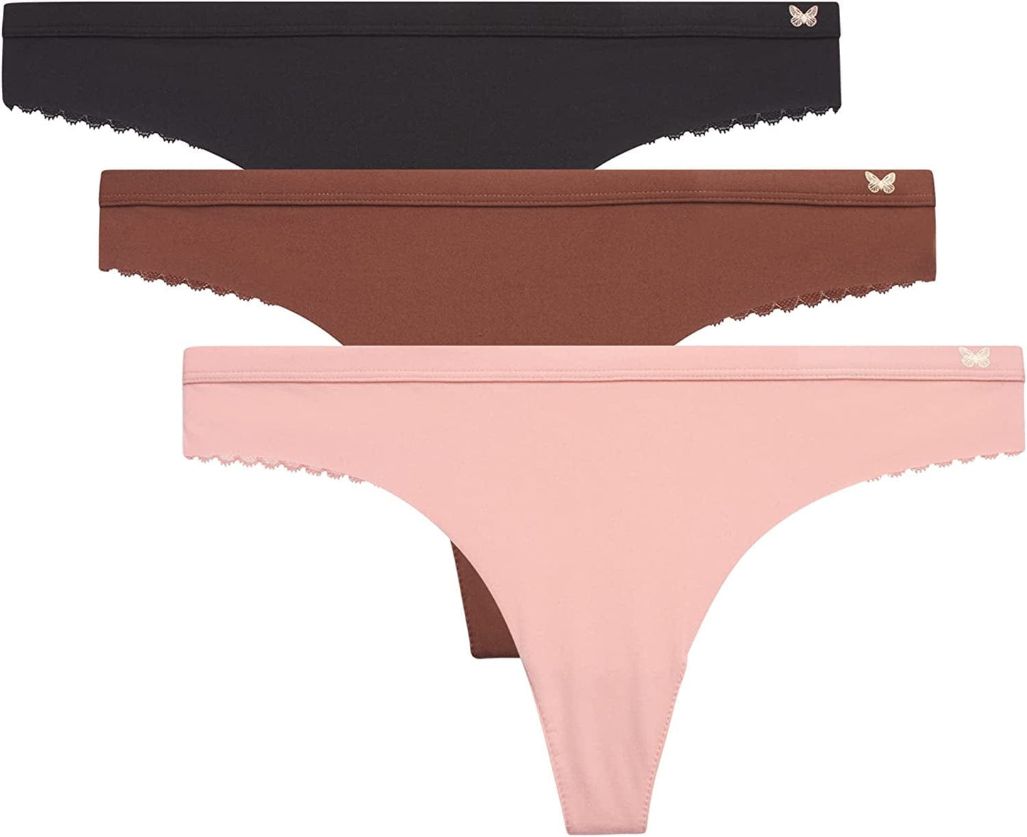 Jessica Simpson Women'S Underwear - 3 Pack Microfiber Lace Thong Panties (S-XL) Brunette/Mellow Rose/Jet Black / Small