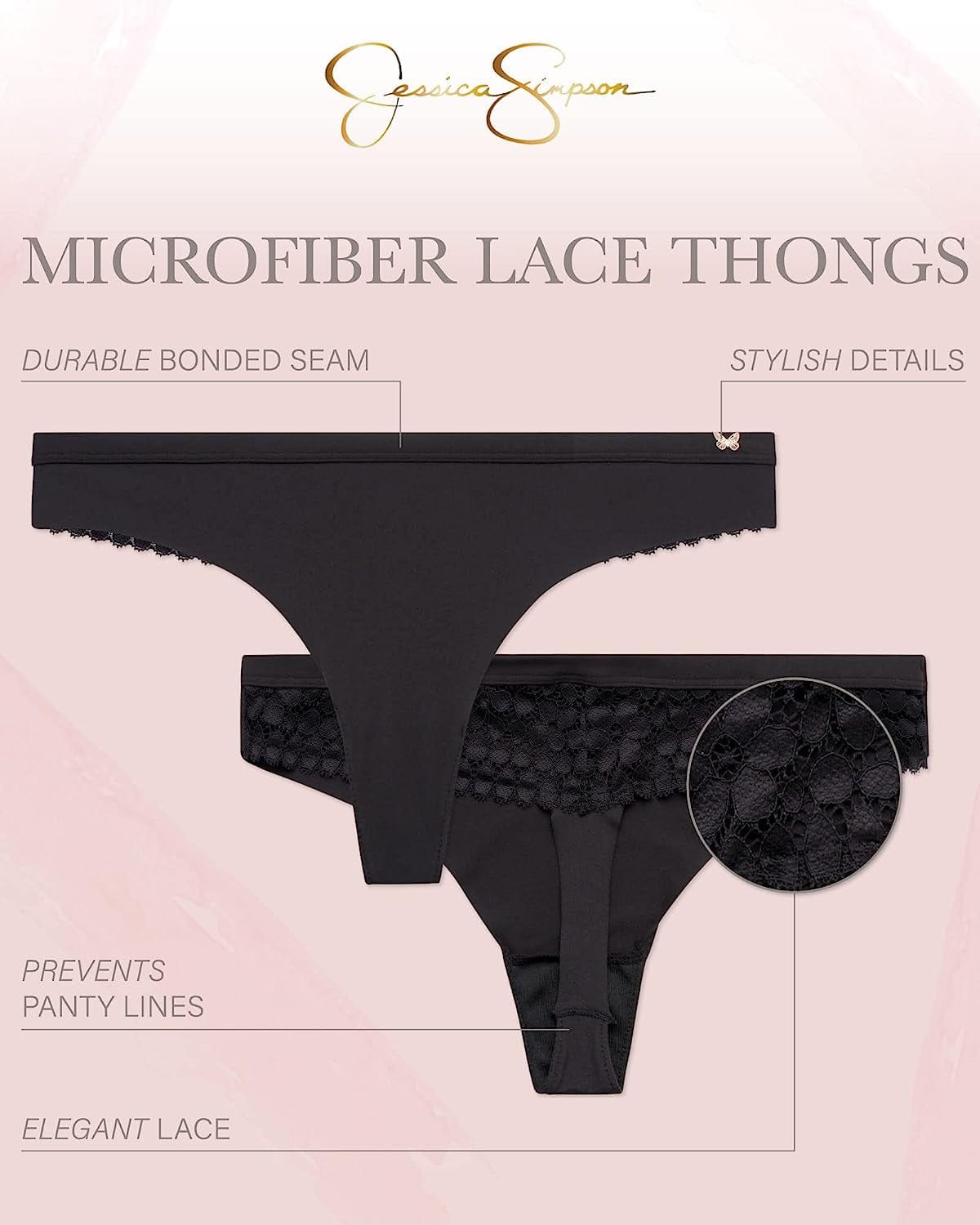 Jessica Simpson Women'S Underwear - 3 Pack Microfiber Lace Thong Panties (S-XL)