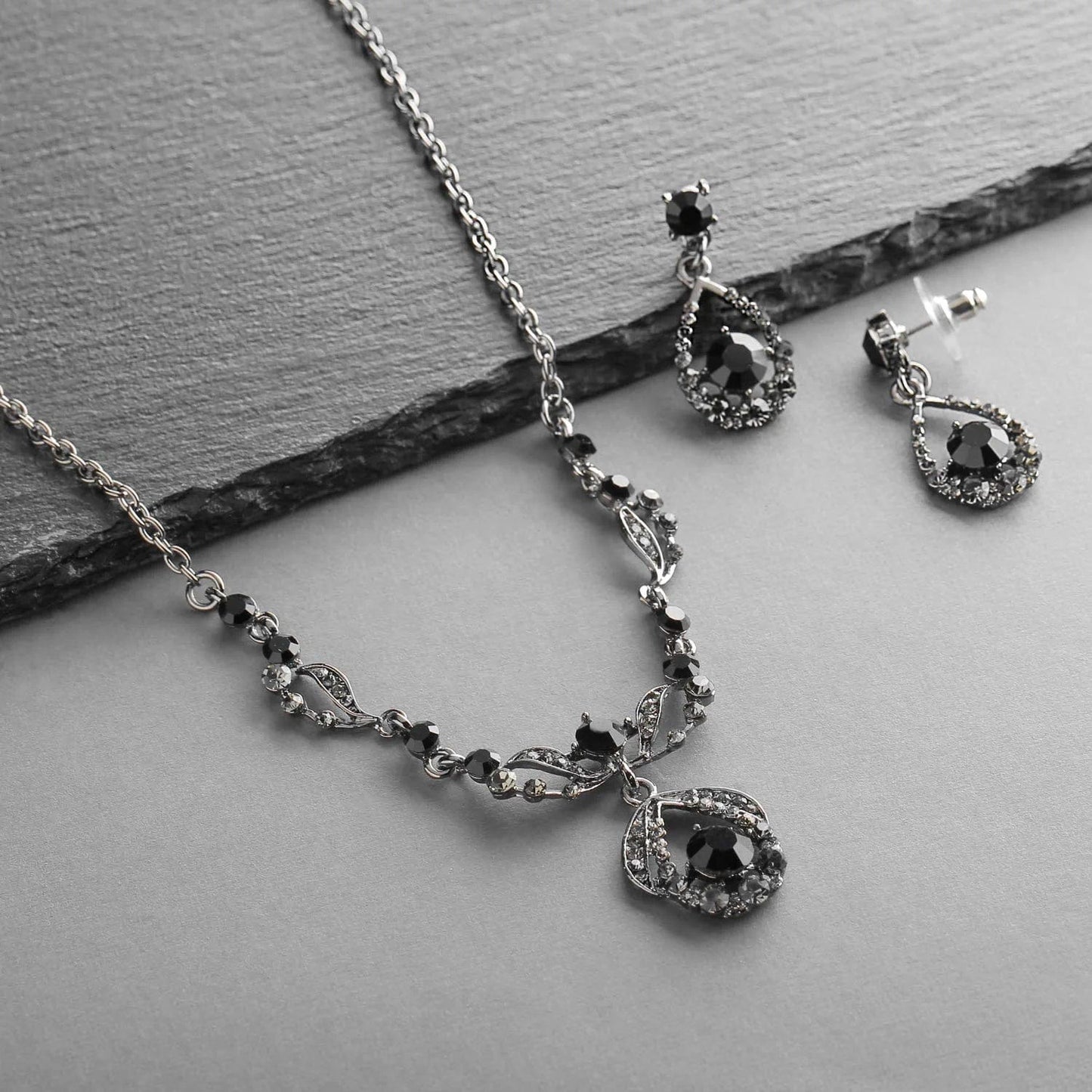Jet Hematite Black Vintage Crystal Necklace & Earrings Jewelry Set for Prom, Bridal, Bridesmaids