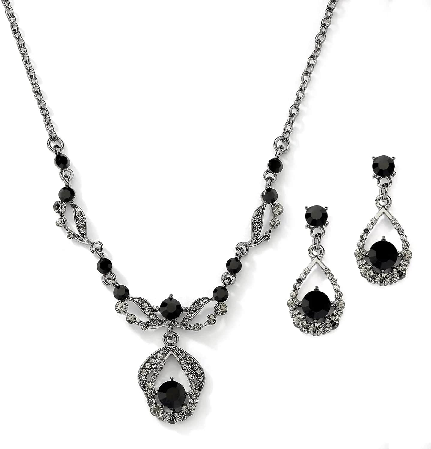 Jet Hematite Black Vintage Crystal Necklace & Earrings Jewelry Set for Prom, Bridal, Bridesmaids