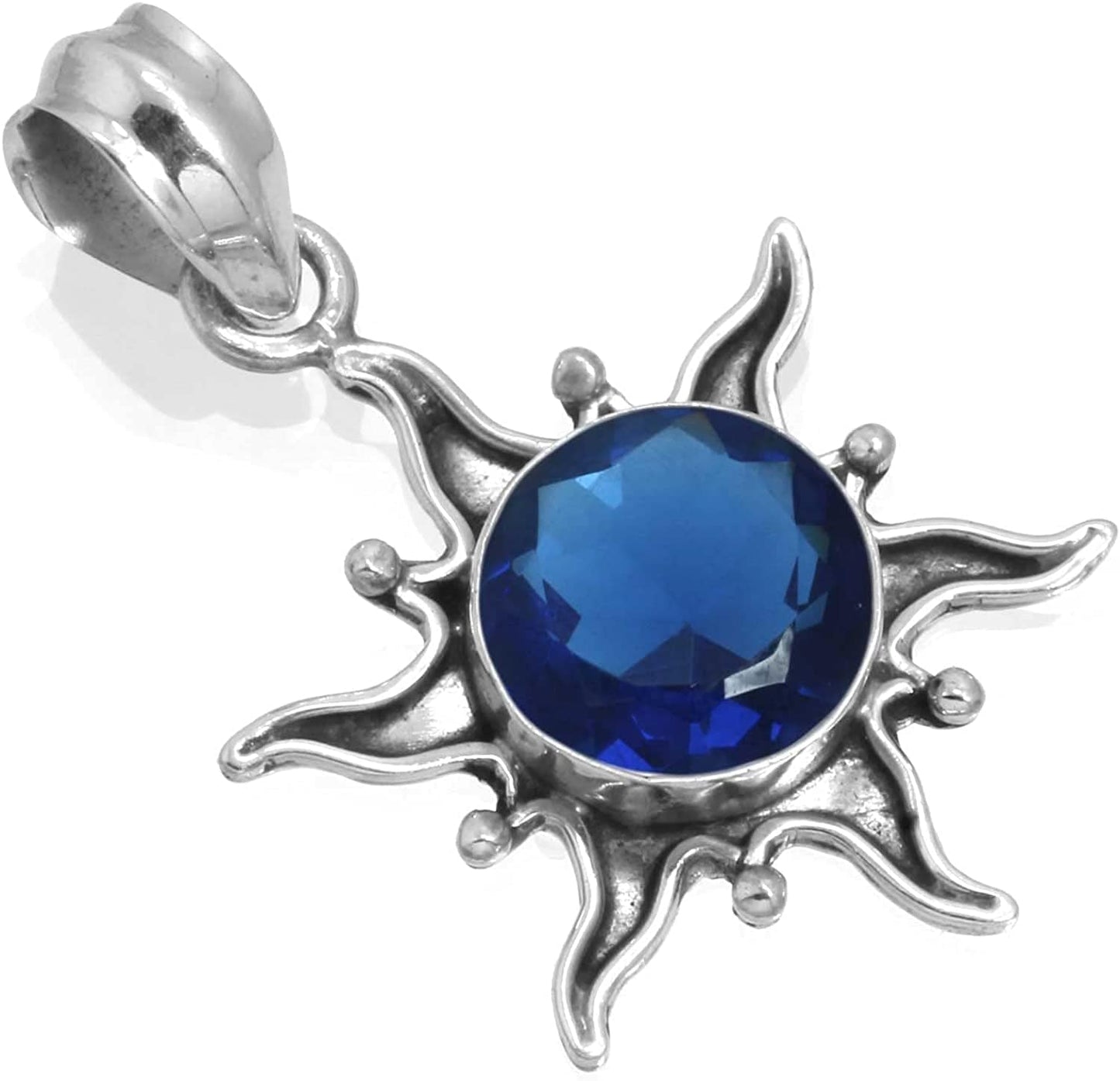 JEWELOPORIUM Solid 925 Sterling Silver Gemstone Handmade Pendant for Women (99512_P) Blue Sapphire Simulated