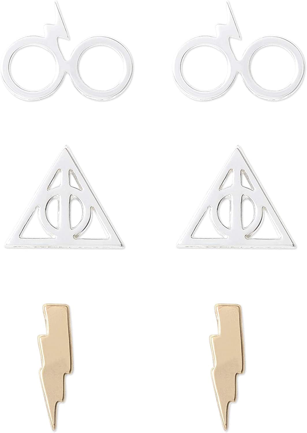 Jewelry, 3 Pair Earrings Sets Gold Plated, Silver Plated Studs - Deathly Hallows and Golden Snitch Lightning Bolt Set