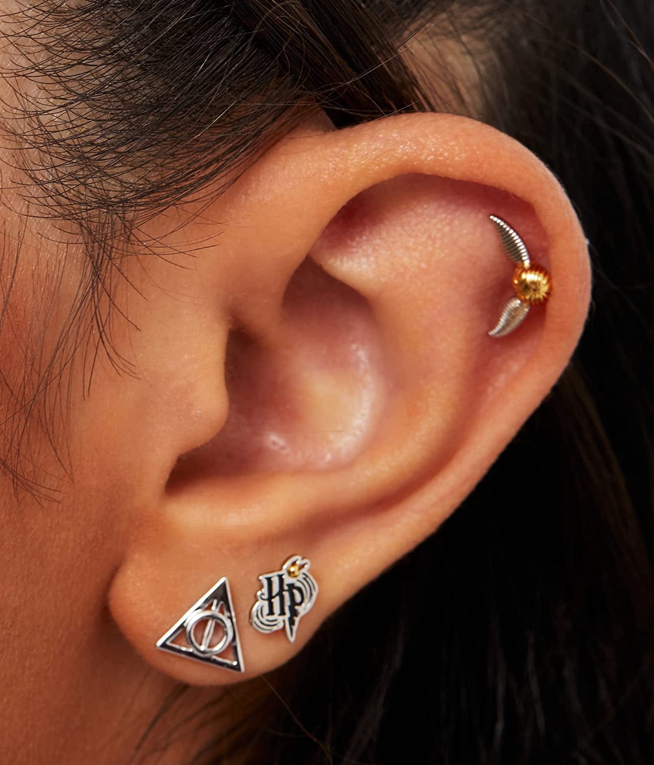 Jewelry, 3 Pair Earrings Sets Gold Plated, Silver Plated Studs - Deathly Hallows and Golden Snitch