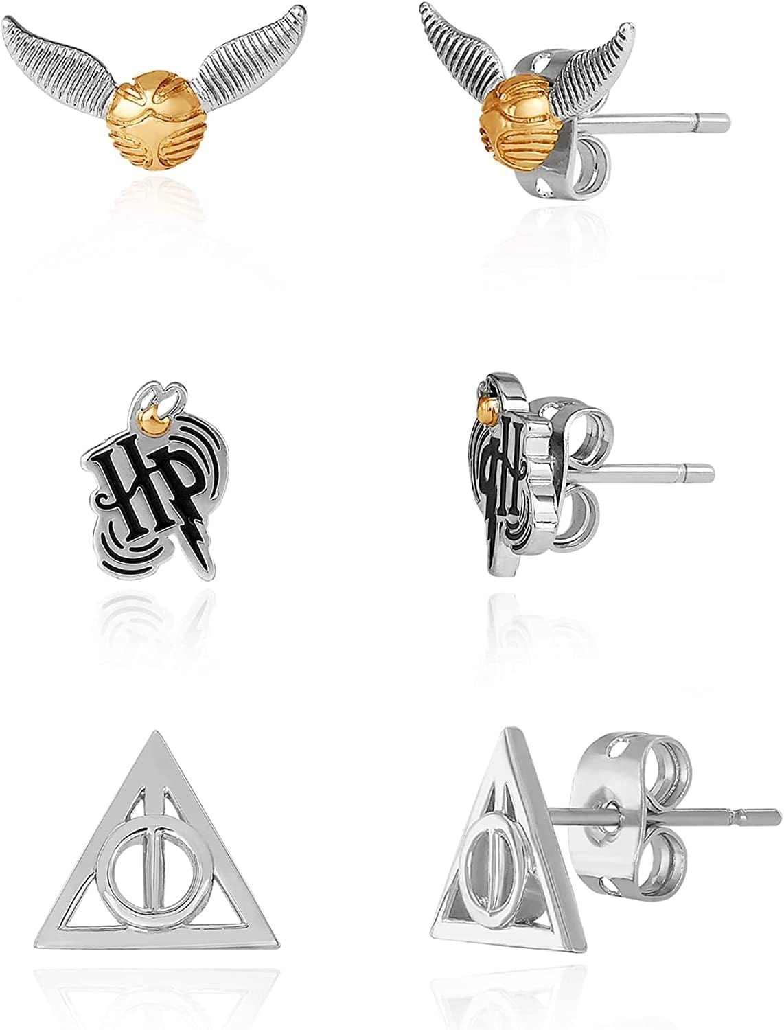 Jewelry, 3 Pair Earrings Sets Gold Plated, Silver Plated Studs - Deathly Hallows and Golden Snitch Multicolor