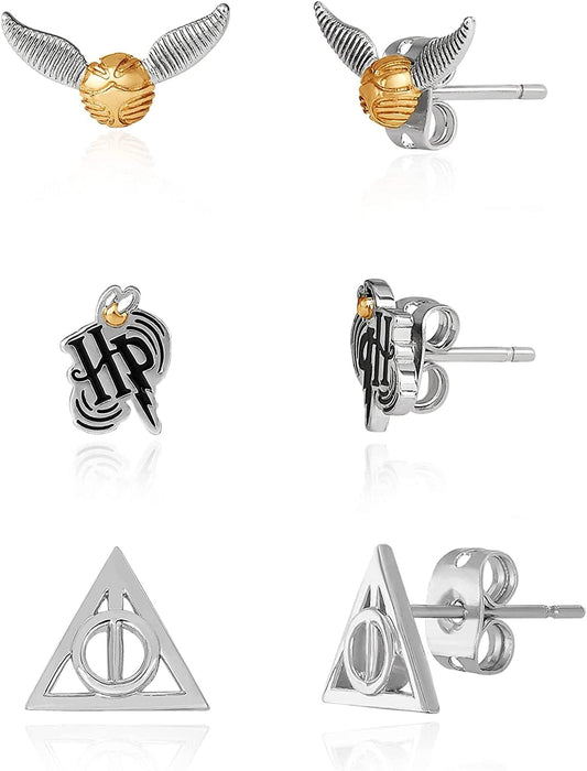 Jewelry, 3 Pair Earrings Sets Gold Plated, Silver Plated Studs - Deathly Hallows and Golden Snitch Multicolor