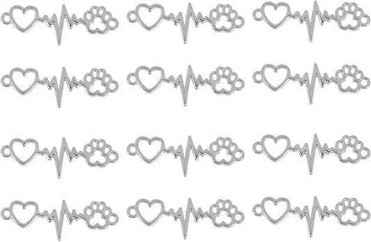 Jewelry Charms Heart and Paw Charm Dog Paw Heart Beating Connector Pendants for DIY Necklace Bracelet Earring Materials 100Pcs Silver