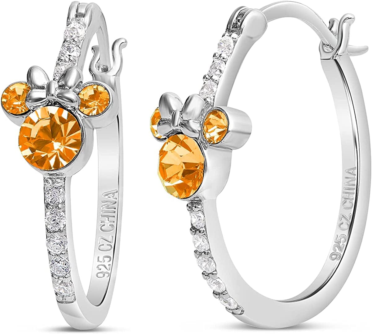 Jewelry for Women Mickey Mouse or Minnie Mouse Birthstone Cubic Zirconia Hoop Earrings, Sterling Silver November-Minnie Topaz