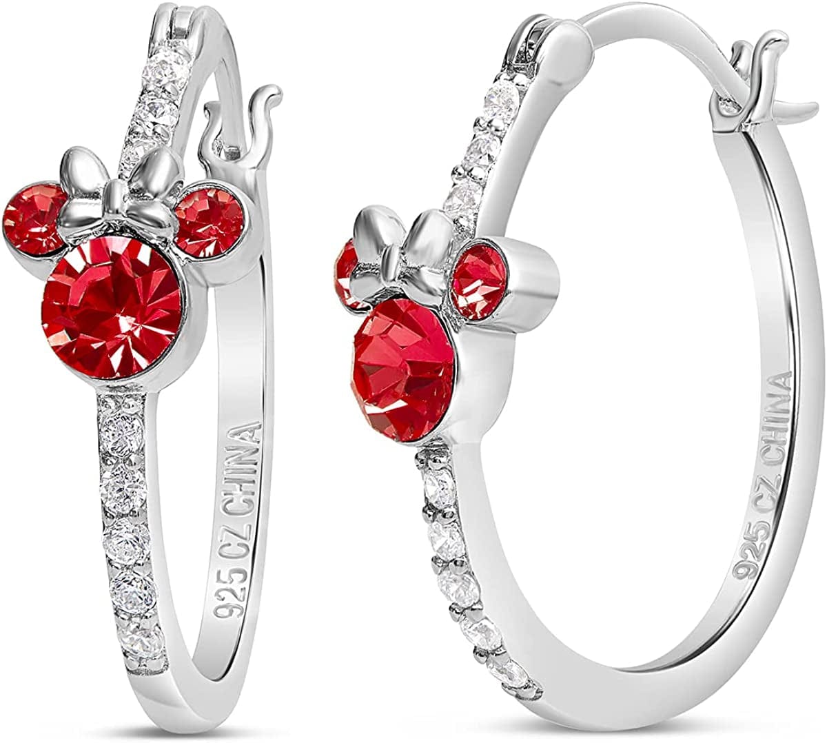 Jewelry for Women Mickey Mouse or Minnie Mouse Birthstone Cubic Zirconia Hoop Earrings, Sterling Silver July-Minnie Ruby Red