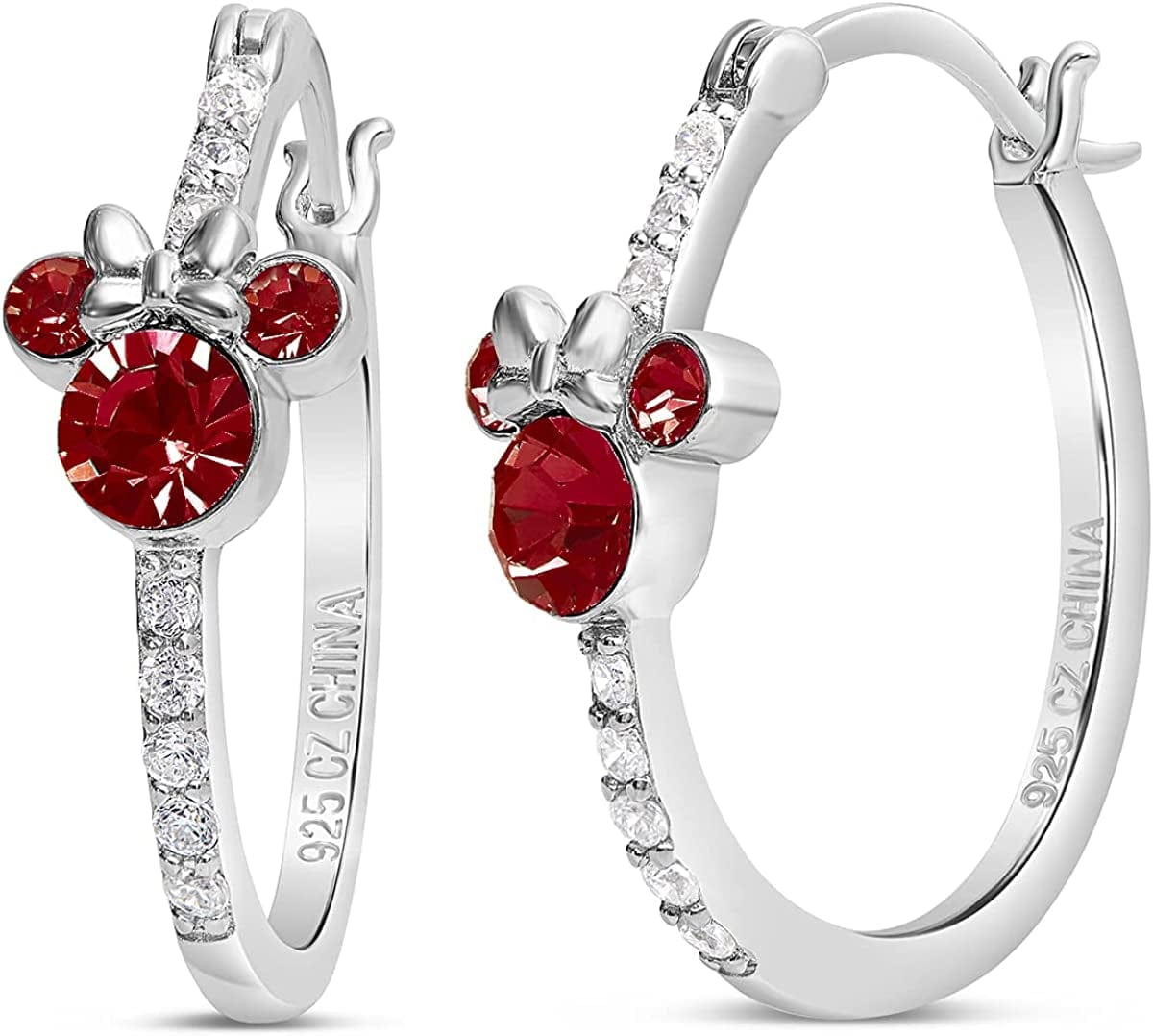 Jewelry for Women Mickey Mouse or Minnie Mouse Birthstone Cubic Zirconia Hoop Earrings, Sterling Silver January-Minnie Garnet Red