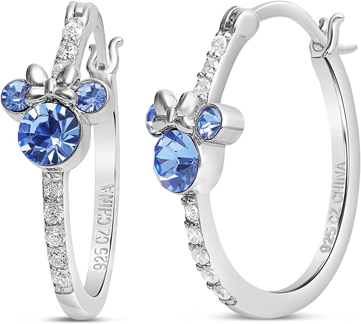 Jewelry for Women Mickey Mouse or Minnie Mouse Birthstone Cubic Zirconia Hoop Earrings, Sterling Silver December-Minnie Blue Zircon
