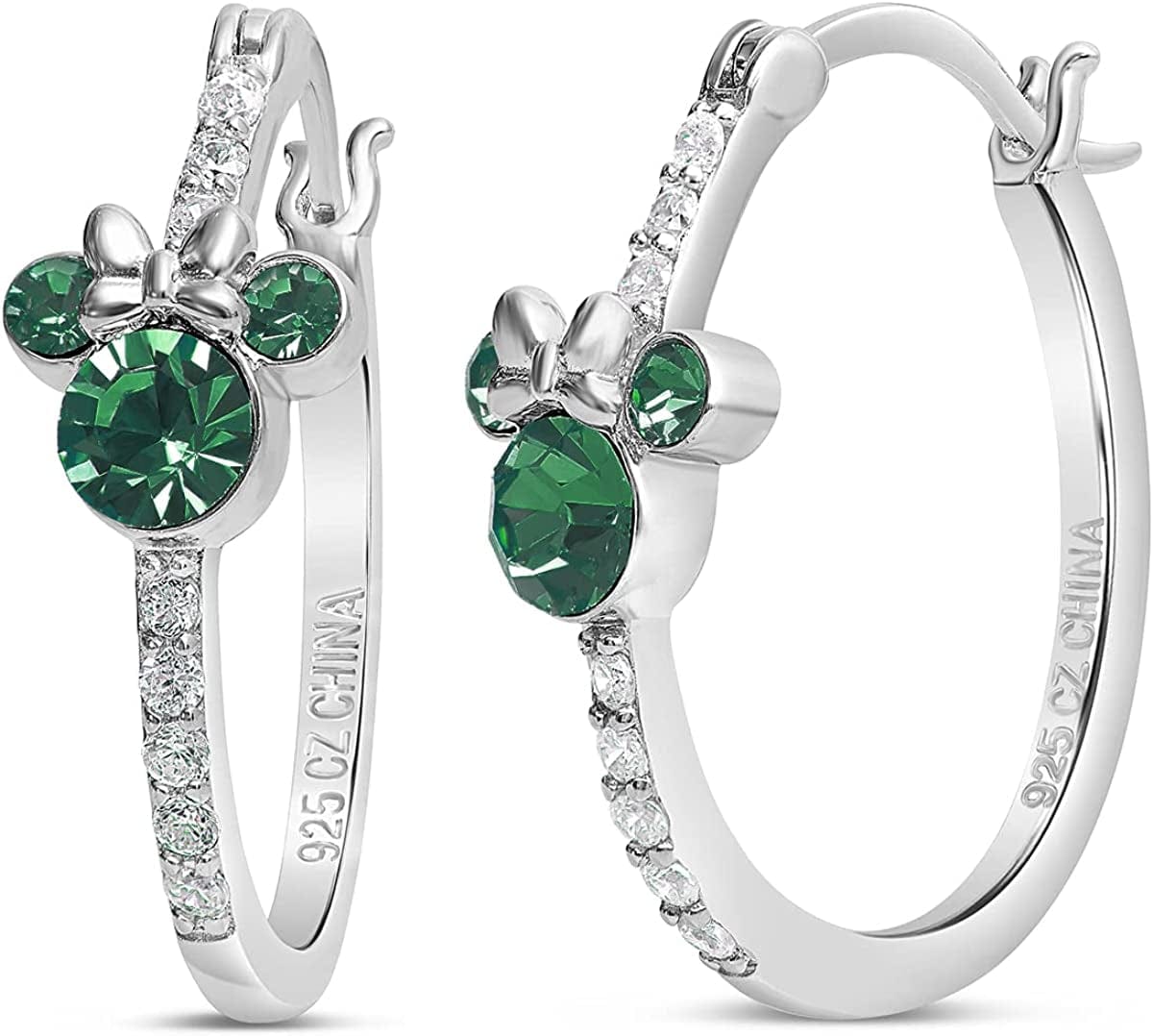 Jewelry for Women Mickey Mouse or Minnie Mouse Birthstone Cubic Zirconia Hoop Earrings, Sterling Silver May-Minnie Emerald Green