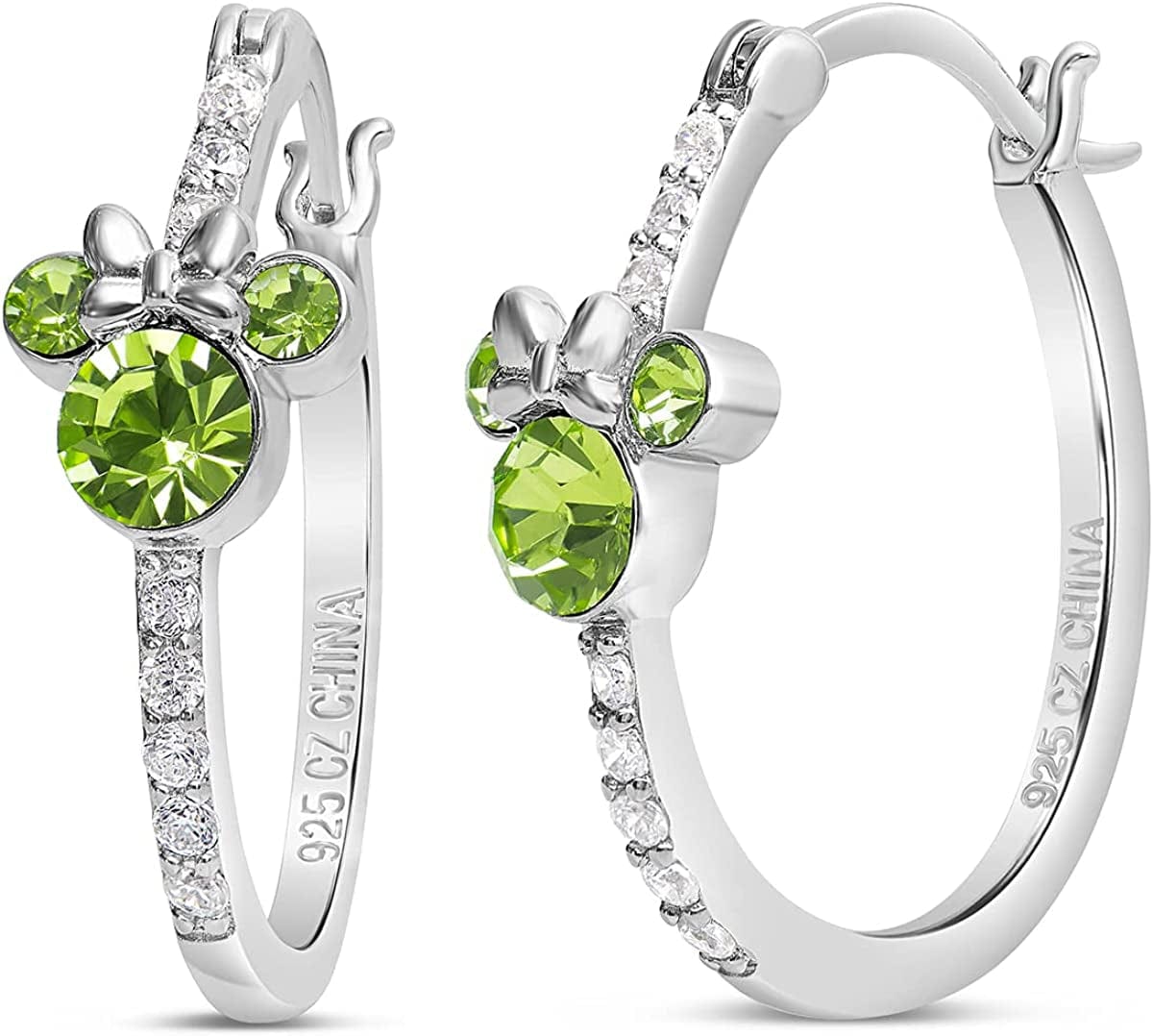 Jewelry for Women Mickey Mouse or Minnie Mouse Birthstone Cubic Zirconia Hoop Earrings, Sterling Silver August-Minnie Peridot Green