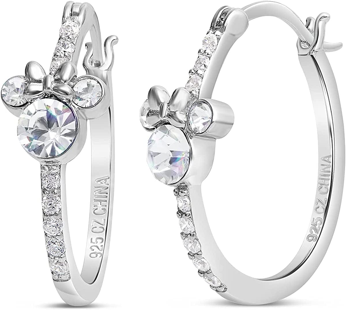 Jewelry for Women Mickey Mouse or Minnie Mouse Birthstone Cubic Zirconia Hoop Earrings, Sterling Silver April-Minnie Clear