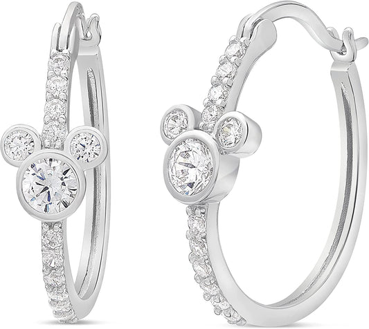 Jewelry for Women Mickey Mouse or Minnie Mouse Birthstone Cubic Zirconia Hoop Earrings, Sterling Silver April-Mickey Clear