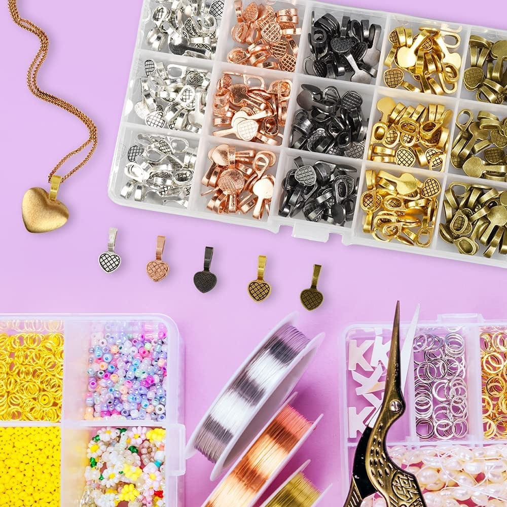 Jewelry Glue on Bails for Pendants – Pendant Bails for Jewelry Making – Jewelry Pendant Bail Kit 225 Pcs Gunmetal Antique Bronze Rose Gold Silver