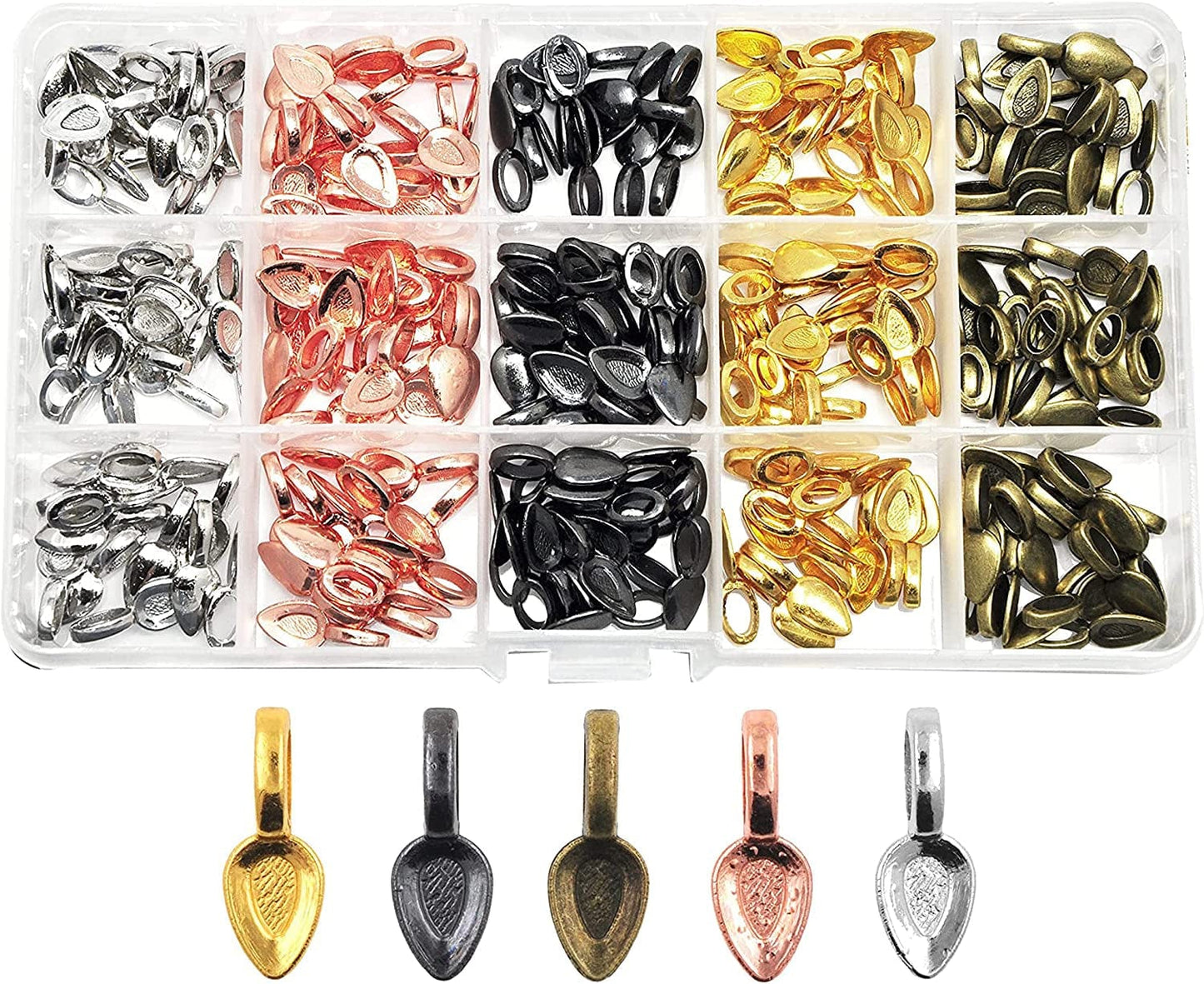 Jewelry Glue on Bails for Pendants – Pendant Bails for Jewelry Making – Jewelry Pendant Bail Kit 225 Pcs Gunmetal Antique Bronze Rose Gold Silver Spoon