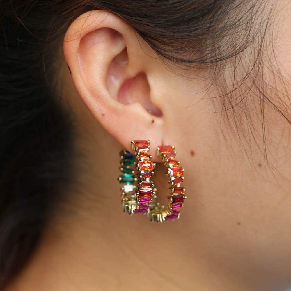 JEWELRY Gold Plated Luxury Women 2019 Rainbow Cz Hoop Earring Colorful Jewelry gold