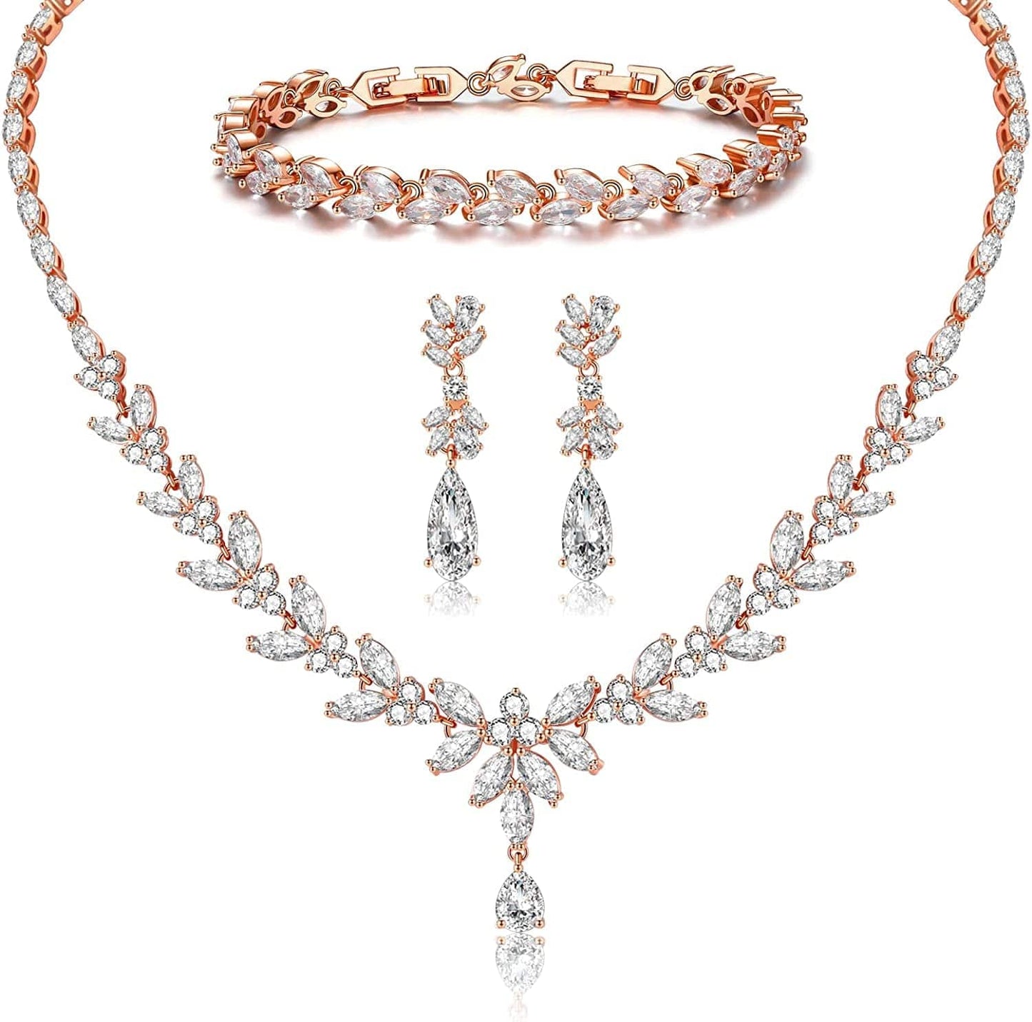 Jewelry Set for Women, Cubic Zirconia Necklace Dangle Earrings & Bracelet Jewelry Set for Bride Bridesmaid Wedding Engagement Prom Party Rose Gold-Necklace+Bracelet+Earrings
