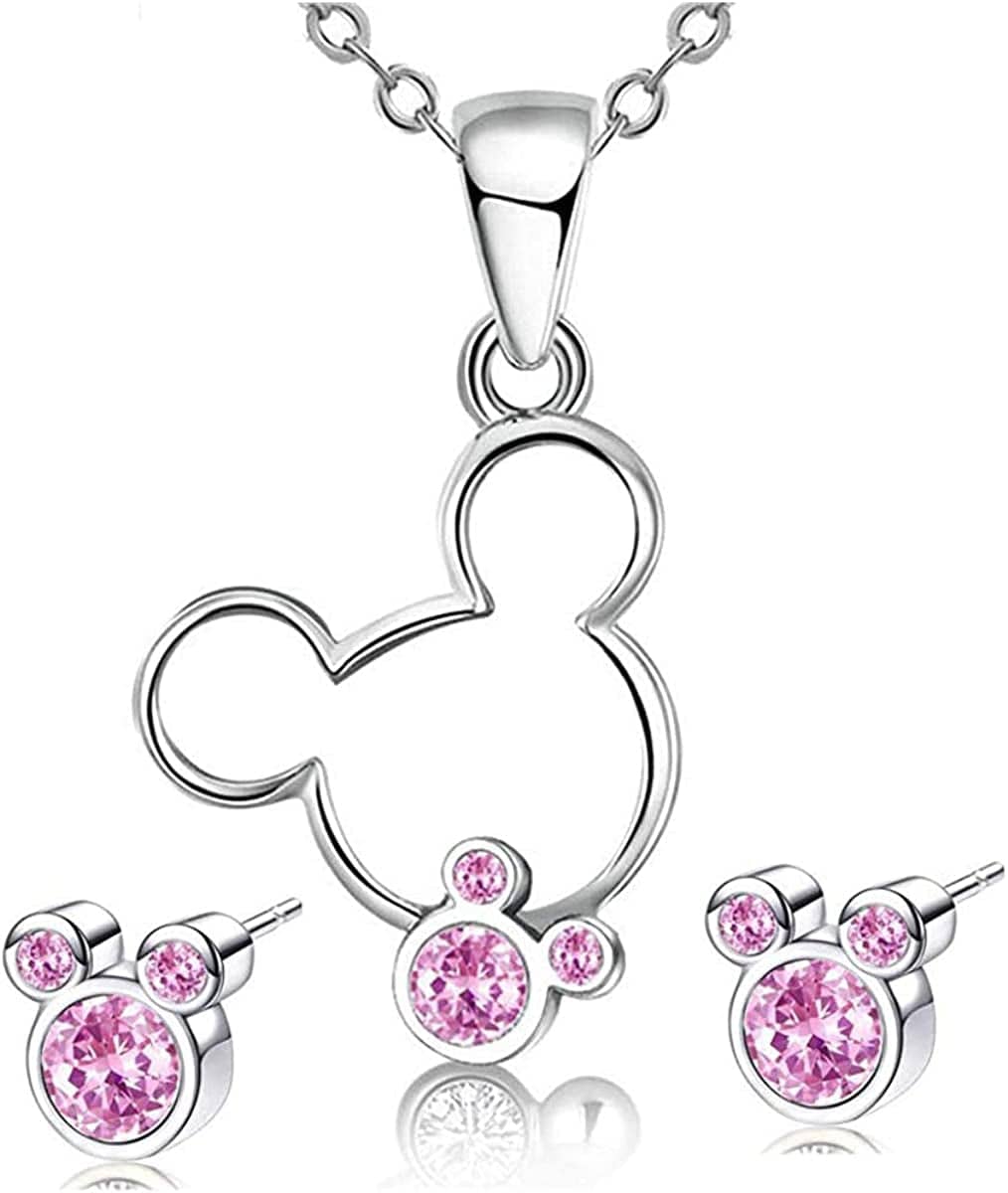 Jewelry Set for Women Girl,S925 Silver Plated Mouse Earring Necklace Kits,Cute Ear Stud and Pendant with Shinying CZ for Women'S Day Gift,Hypo-Allergenic Pink-1