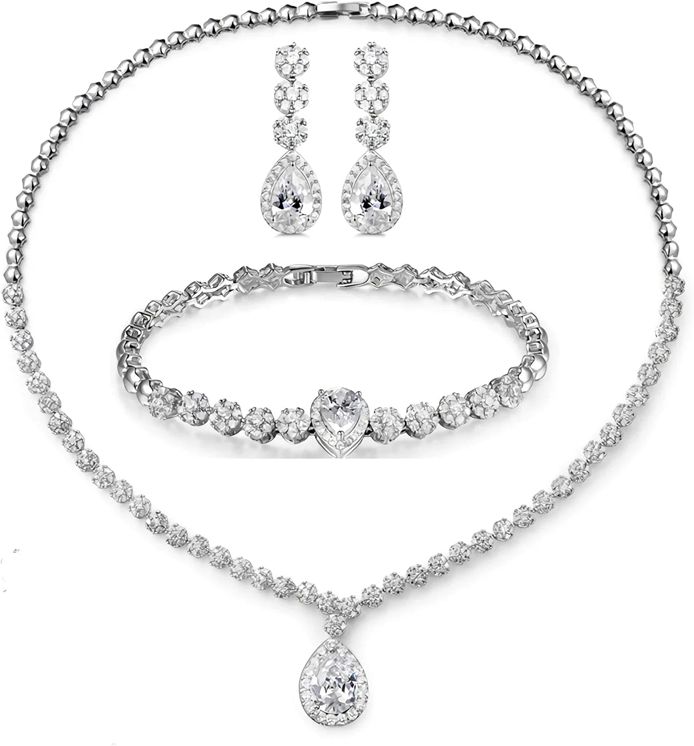 Jewelry Set for Women, Necklace Dangle Earrings Bracelet Set, White Gold Plated Jewelry Set with White AAA Cubic Zirconia, Allergy Free Wedding Party Jewelry for Bridal Bridesmaid white gold plated